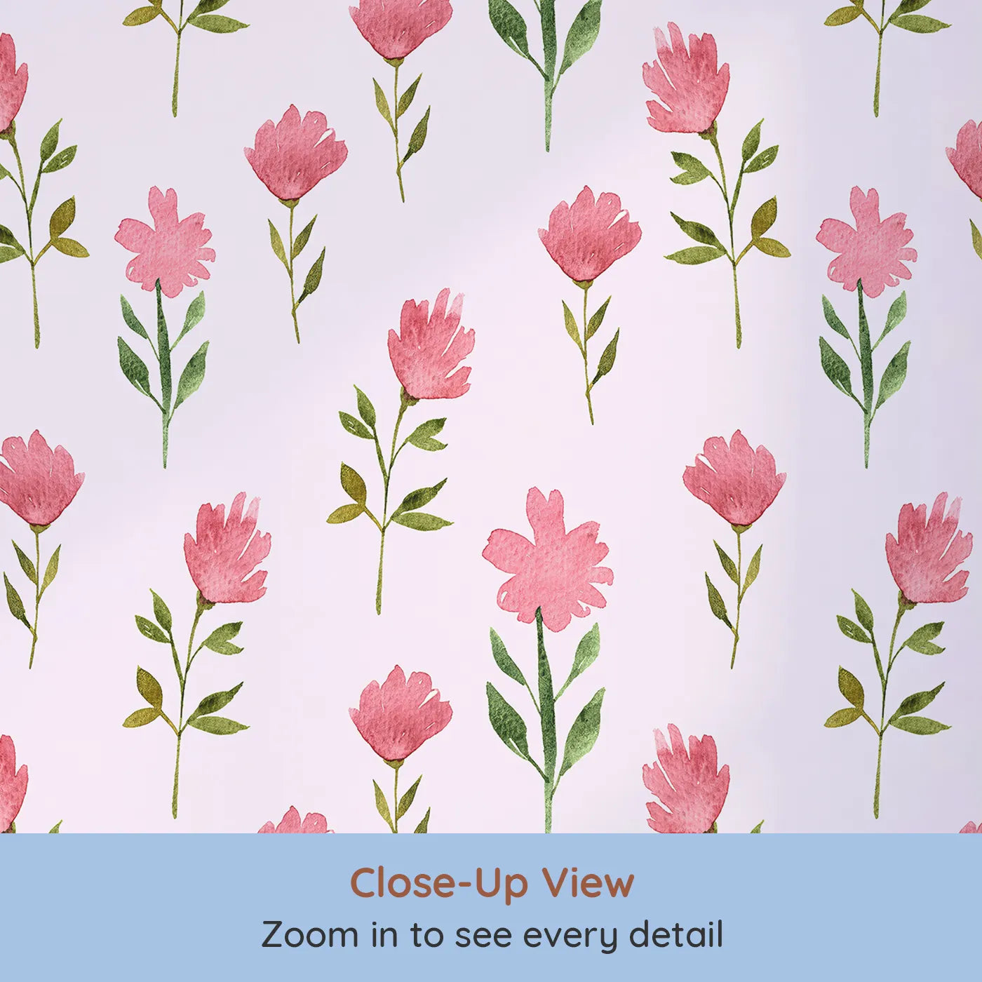 Close-up view of Whimsy Tots' Pink Meadow Blossoms Wallpaper in Blush (W3263B).Rosy blooms pop gently against a soft pink sky.