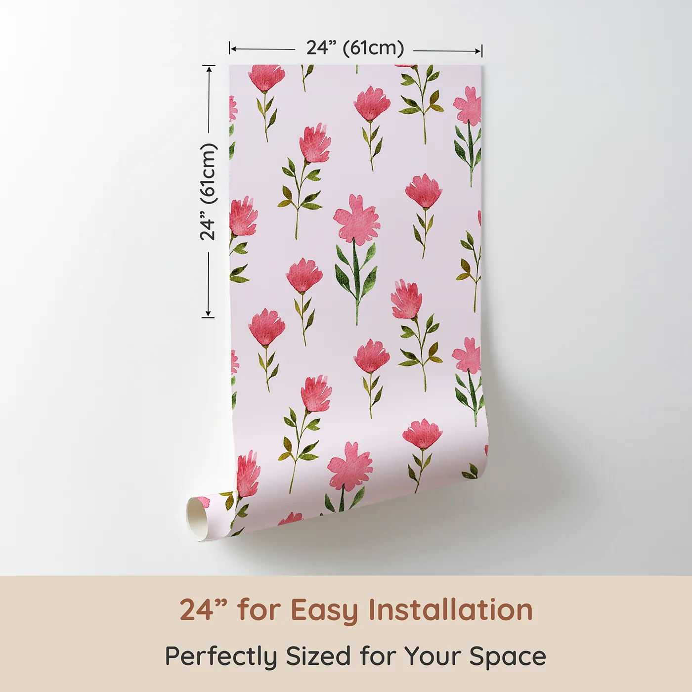 Dimension view of Whimsy Tots Pink Meadow Blossoms Wallpaper in Blush (W3263B). Printed in 24-inch-wide panel for easy installation. Rosy blooms pop gently against a soft pink sky.