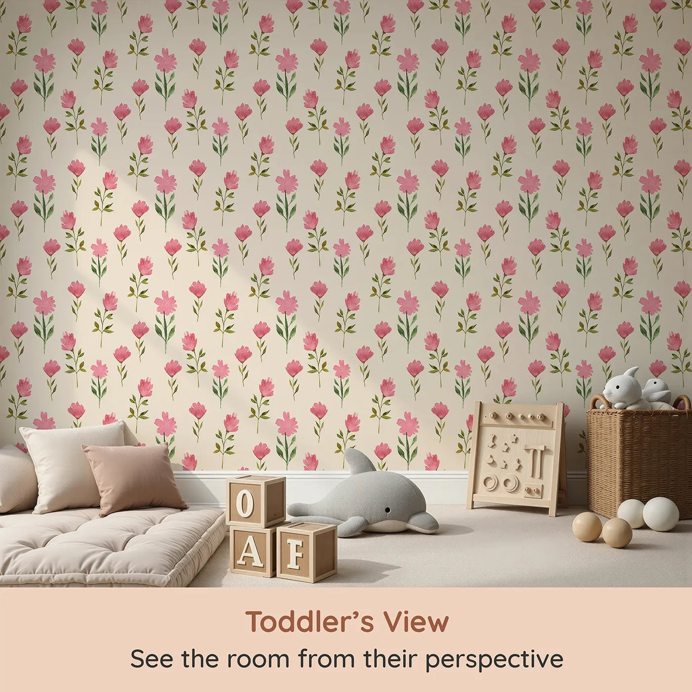 Whimsy Tots Pink Meadow Blossoms Wallpaper in Cream (W3263C) from your child's view.Rosy blooms scatter gently across a warm cream sky.