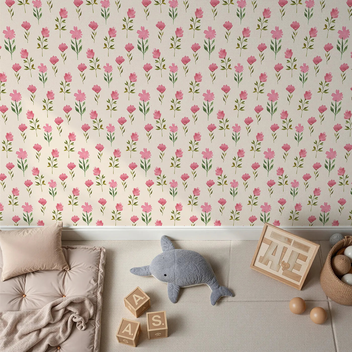 Top-Down view of Whimsy Tots' Pink Meadow Blossoms Wallpaper in Cream (W3263C).Rosy blooms scatter gently across a warm cream sky.