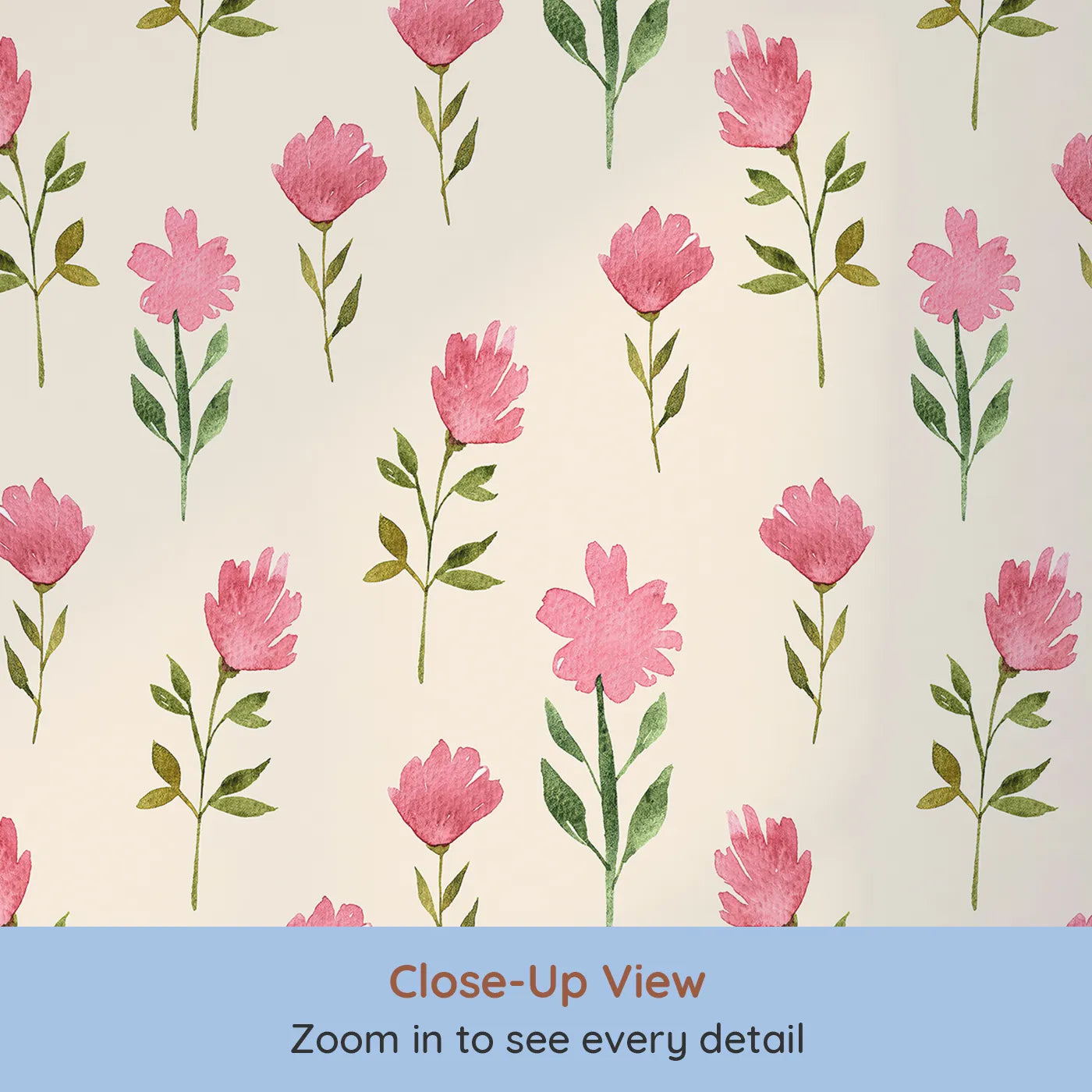 Close-up view of Whimsy Tots' Pink Meadow Blossoms Wallpaper in Cream (W3263C).Rosy blooms scatter gently across a warm cream sky.