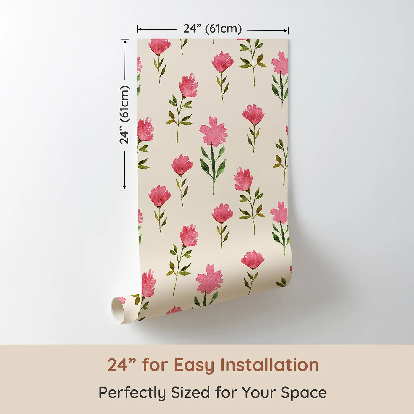 Dimension view of Whimsy Tots Pink Meadow Blossoms Wallpaper in Cream (W3263C). Printed in 24-inch-wide panel for easy installation. Rosy blooms scatter gently across a warm cream sky.