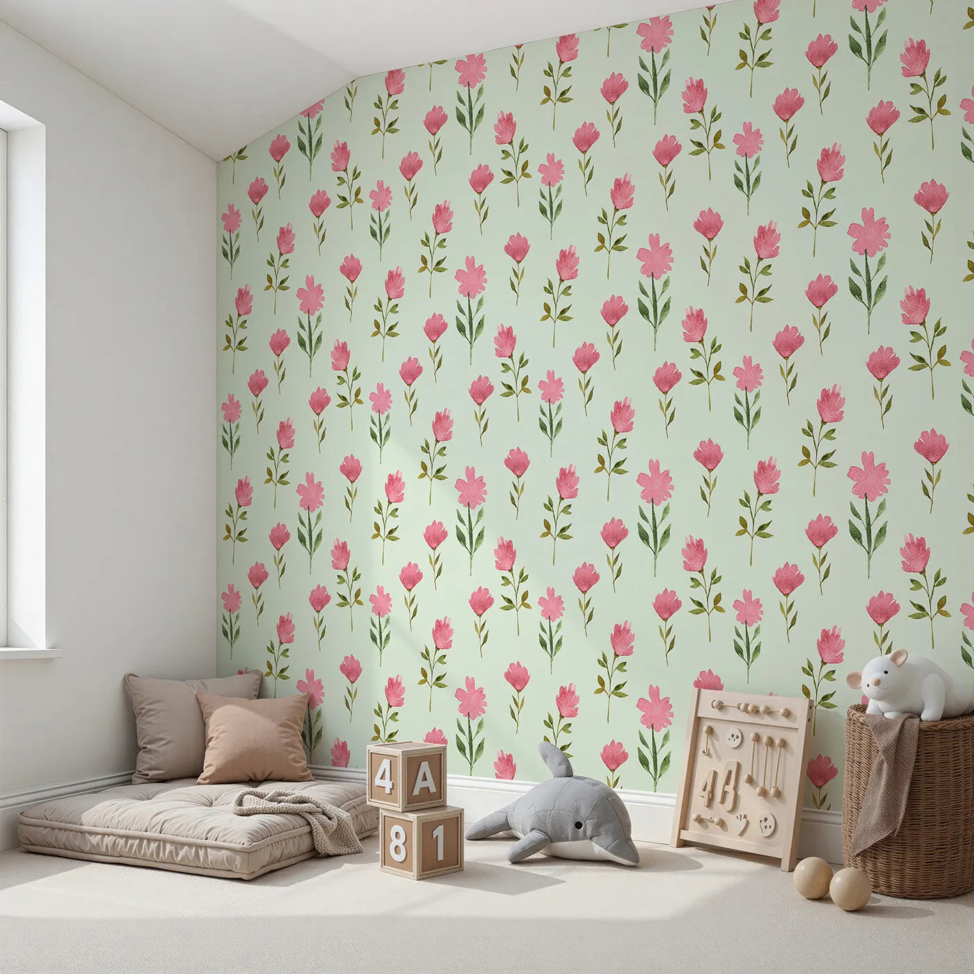 Angled view of Whimsy Tots' Pink Meadow Blossoms Wallpaper in Mint (W3263D).Blossoms bloom gently against a breezy mint meadow.