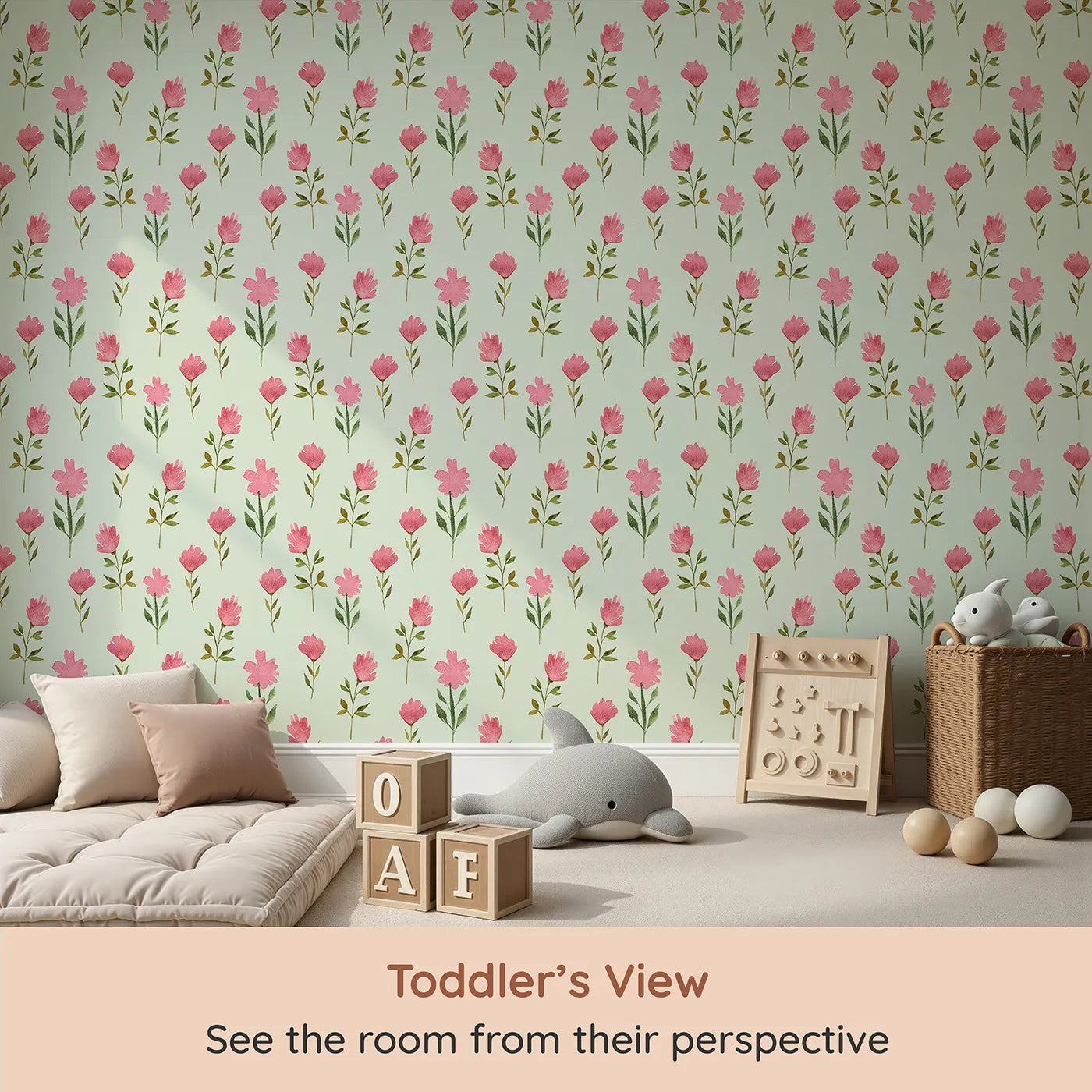 Whimsy Tots Pink Meadow Blossoms Wallpaper in Mint (W3263D) from your child's view.Blossoms bloom gently against a breezy mint meadow.