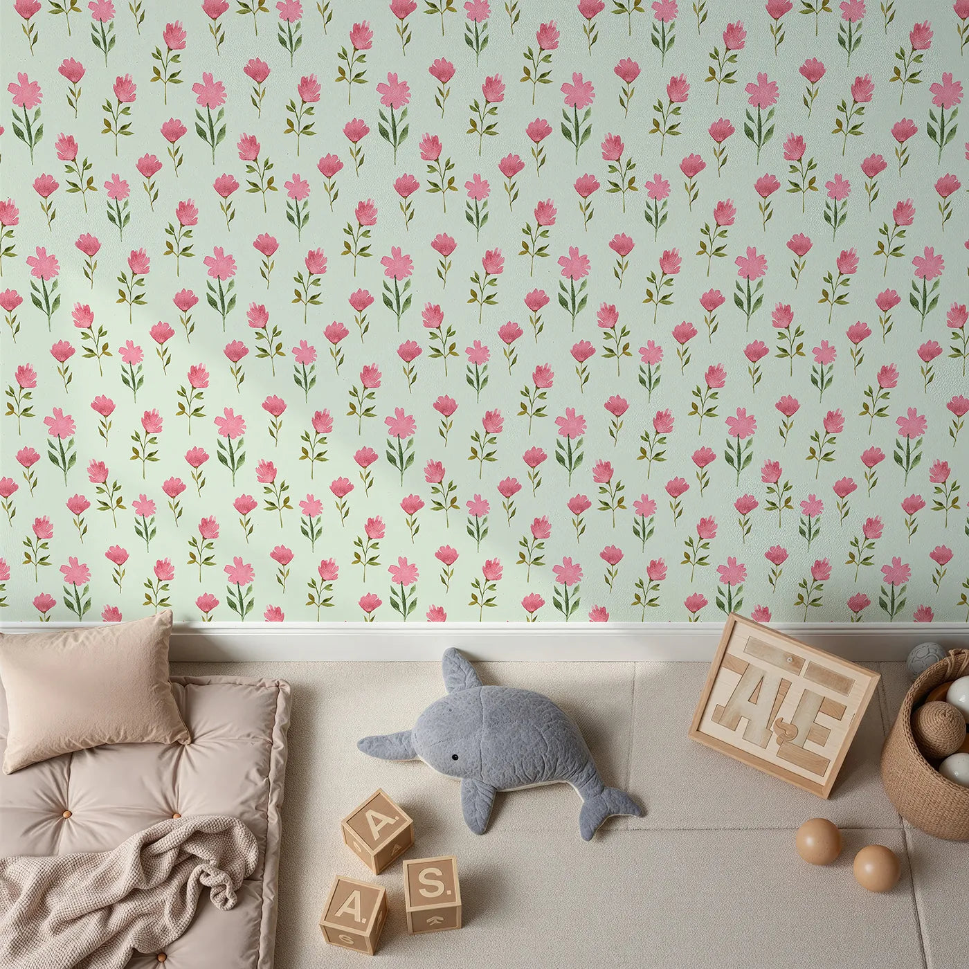 Top-Down view of Whimsy Tots' Pink Meadow Blossoms Wallpaper in Mint (W3263D).Blossoms bloom gently against a breezy mint meadow.