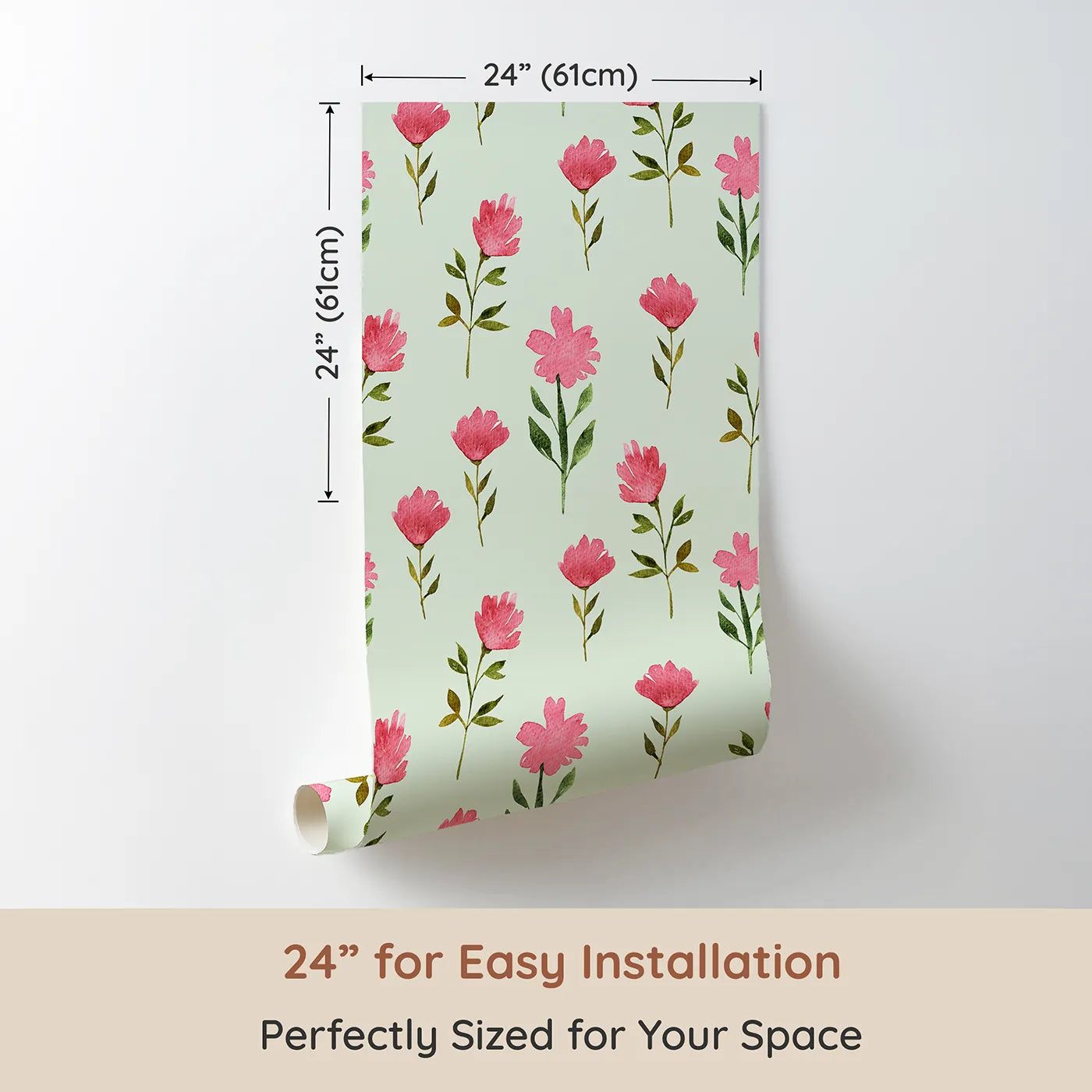 Dimension view of Whimsy Tots Pink Meadow Blossoms Wallpaper in Mint (W3263D). Printed in 24-inch-wide panel for easy installation. Blossoms bloom gently against a breezy mint meadow.