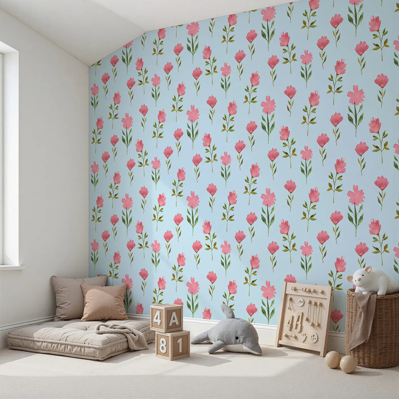 Angled view of Whimsy Tots' Pink Meadow Blossoms Wallpaper in Sky Blue (W3263E).Pink petals bloom brightly against a breezy sky blue background.