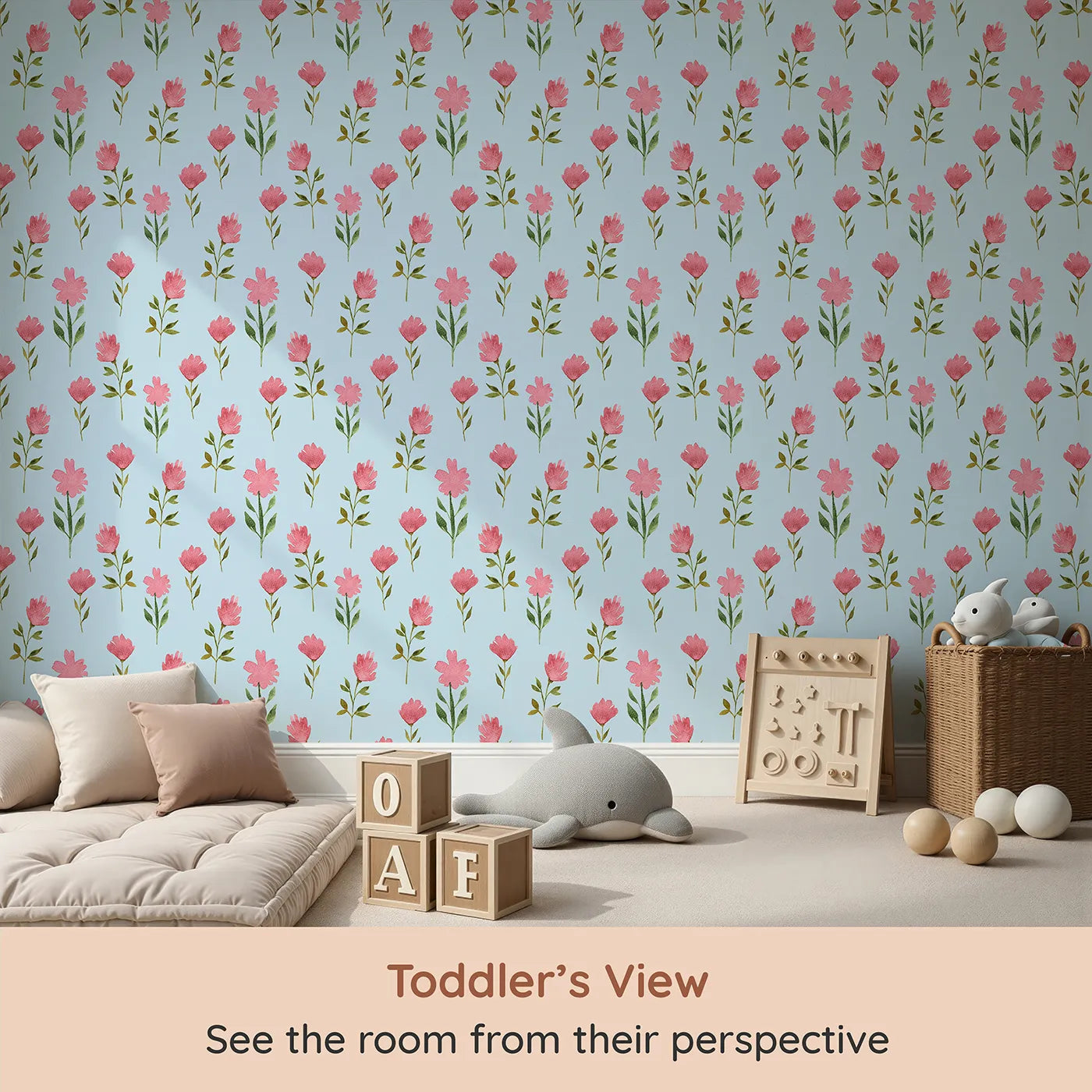 Whimsy Tots Pink Meadow Blossoms Wallpaper in Sky Blue (W3263E) from your child's view.Pink petals bloom brightly against a breezy sky blue background.