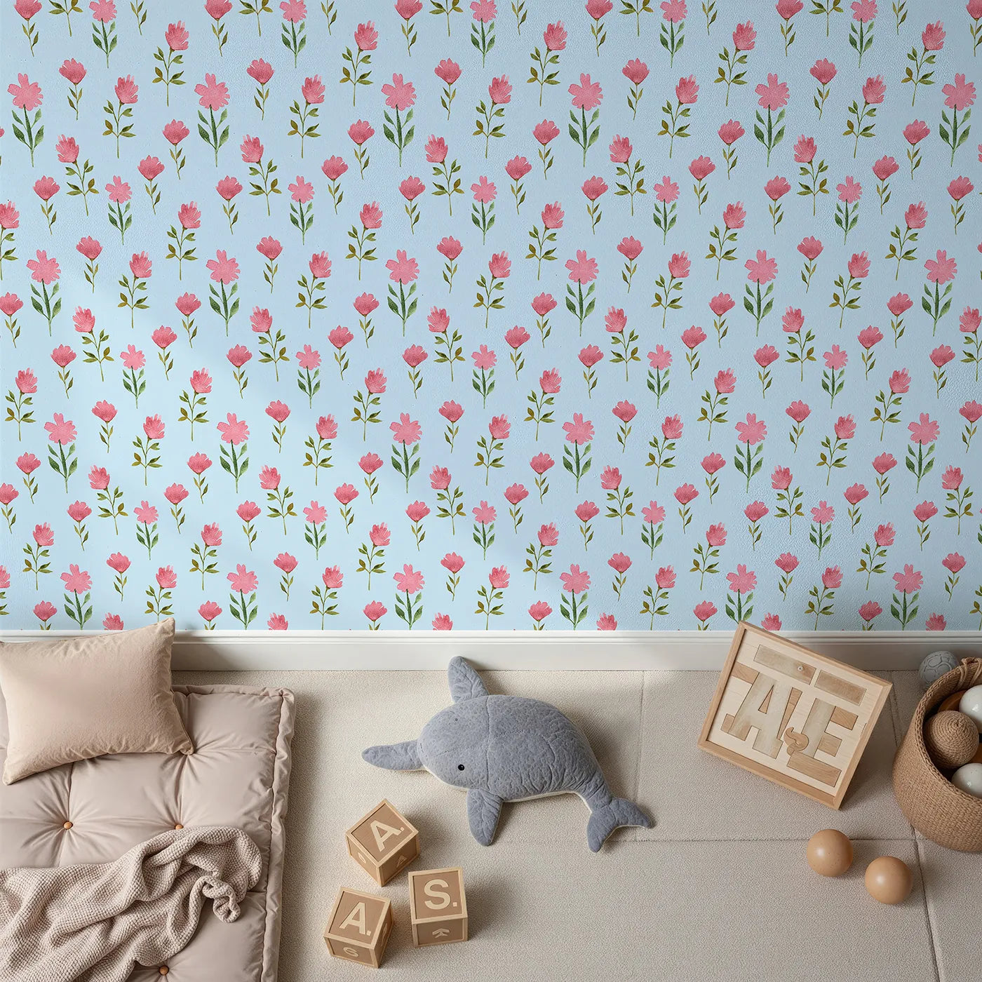 Top-Down view of Whimsy Tots' Pink Meadow Blossoms Wallpaper in Sky Blue (W3263E).Pink petals bloom brightly against a breezy sky blue background.