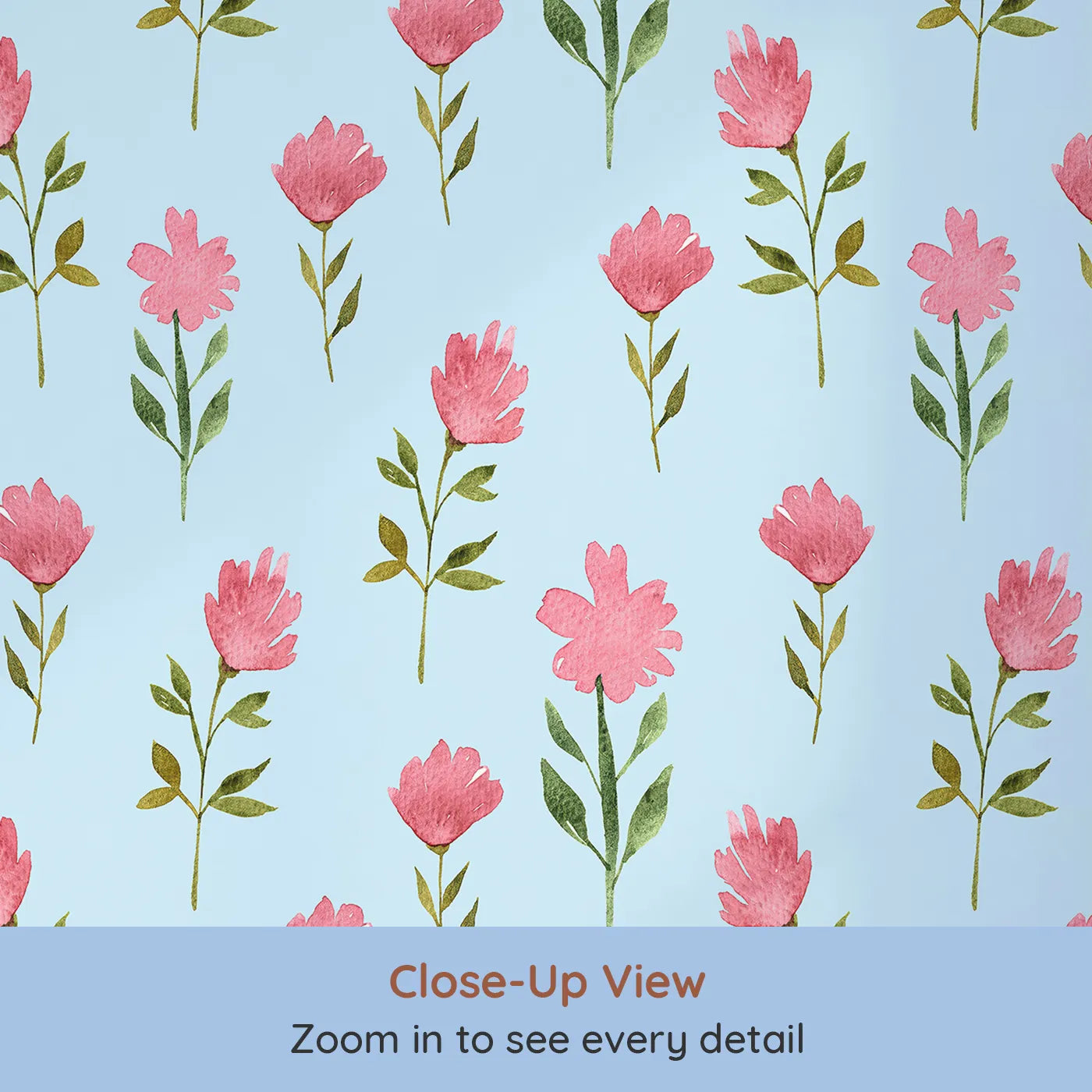 Close-up view of Whimsy Tots' Pink Meadow Blossoms Wallpaper in Sky Blue (W3263E).Pink petals bloom brightly against a breezy sky blue background.