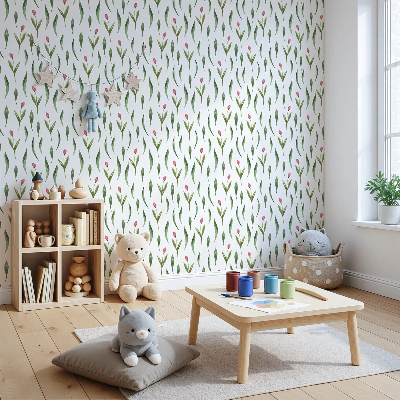 Angled view of Whimsy Tots' Tulip Meadow Dots Wallpaper in White (W3264A).Tiny tulips and leaves dot the walls like natureโs confetti.