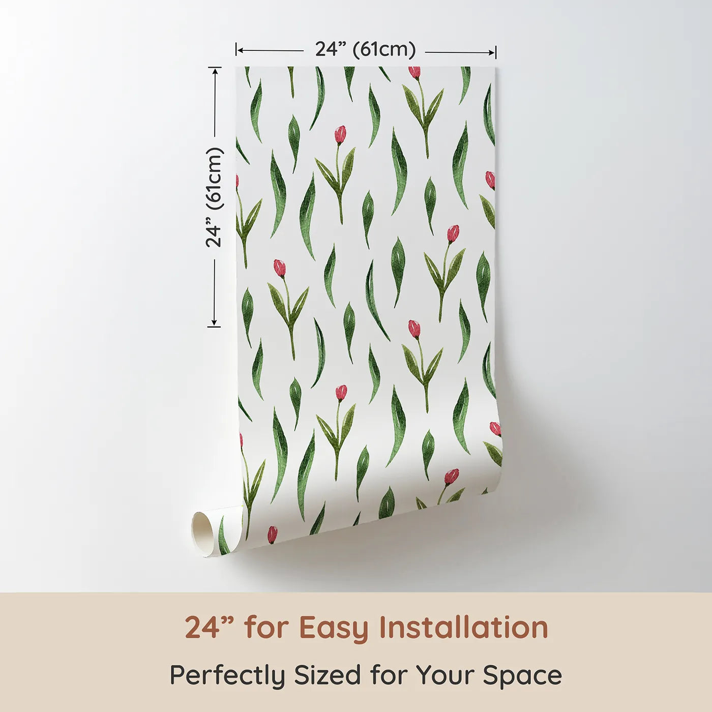 Dimension view of Whimsy Tots Tulip Meadow Dots Wallpaper in White (W3264A). Printed in 24-inch-wide panel for easy installation. Tiny tulips and leaves dot the walls like natureโs confetti.