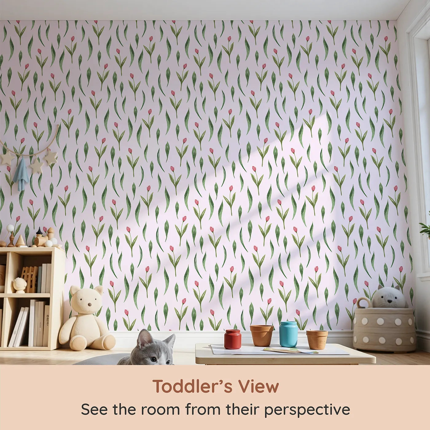 Whimsy Tots Tulip Meadow Dots Wallpaper in Blush Pink (W3264B) from your child's view.Tiny tulips bloom softly on a warm blush background.