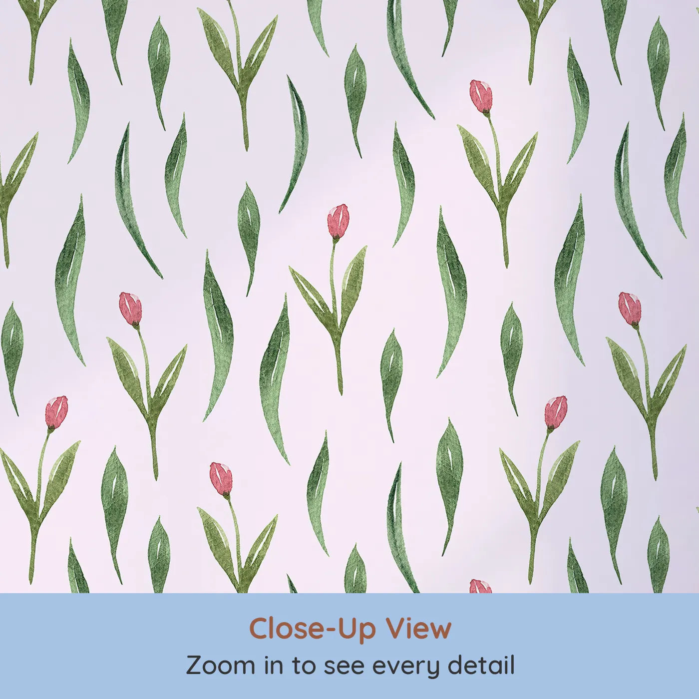 Close-up view of Whimsy Tots' Tulip Meadow Dots Wallpaper in Blush Pink (W3264B).Tiny tulips bloom softly on a warm blush background.