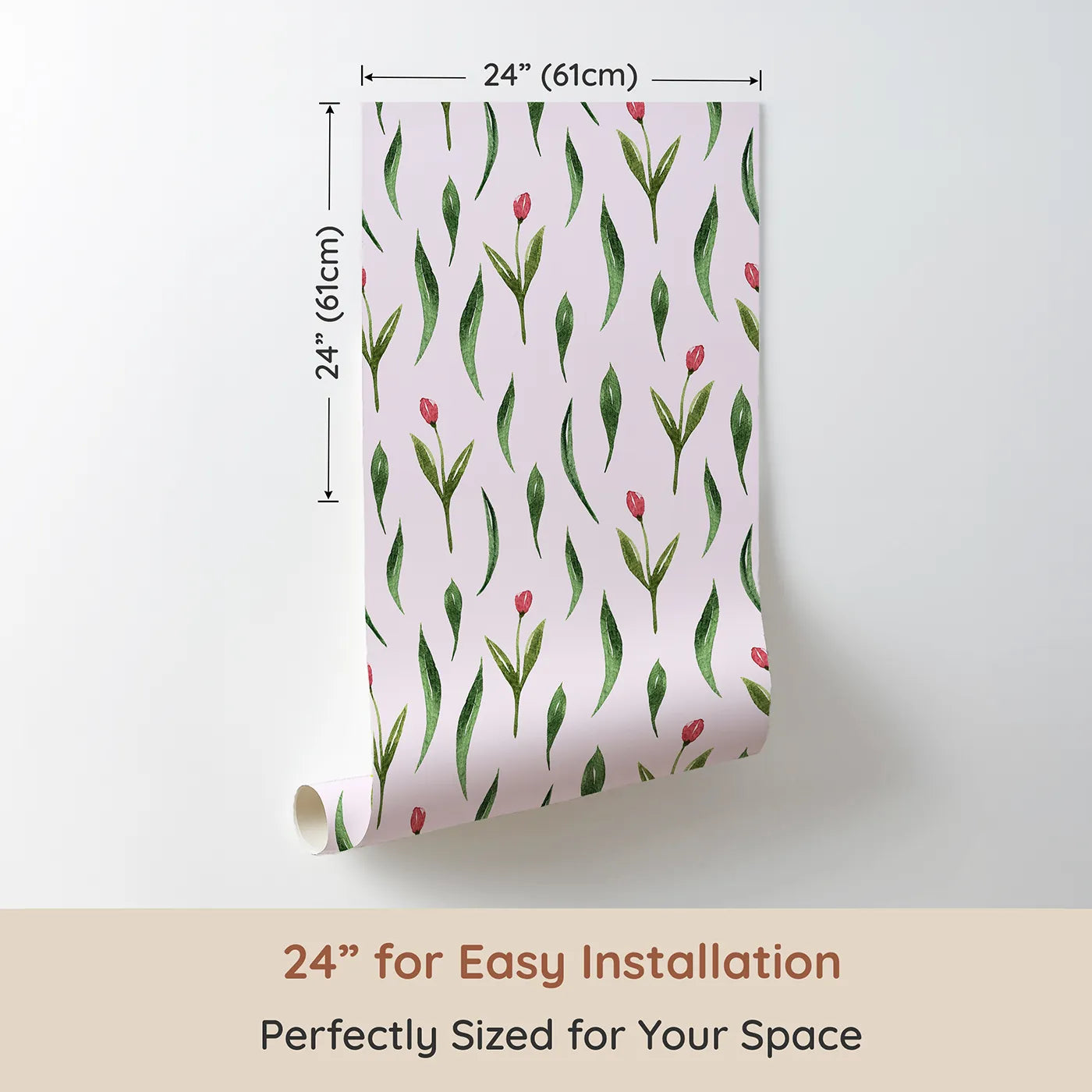 Dimension view of Whimsy Tots Tulip Meadow Dots Wallpaper in Blush Pink (W3264B). Printed in 24-inch-wide panel for easy installation. Tiny tulips bloom softly on a warm blush background.