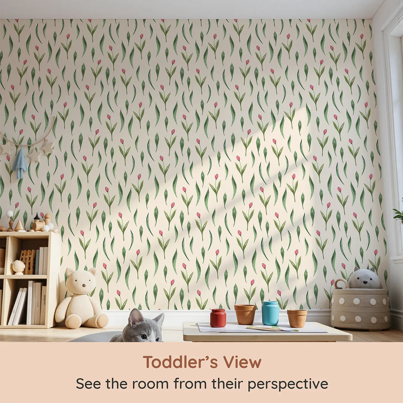 Whimsy Tots Tulip Meadow Dots Wallpaper in Cream (W3264C) from your child's view.Little tulips scatter softly across a cozy cream canvas.