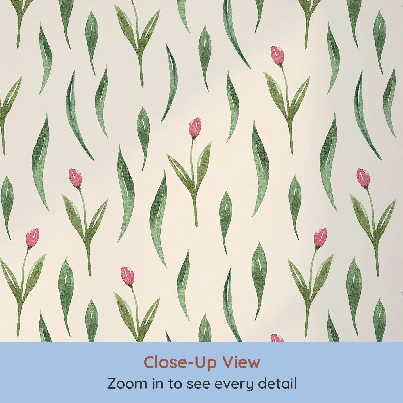 Close-up view of Whimsy Tots' Tulip Meadow Dots Wallpaper in Cream (W3264C).Little tulips scatter softly across a cozy cream canvas.