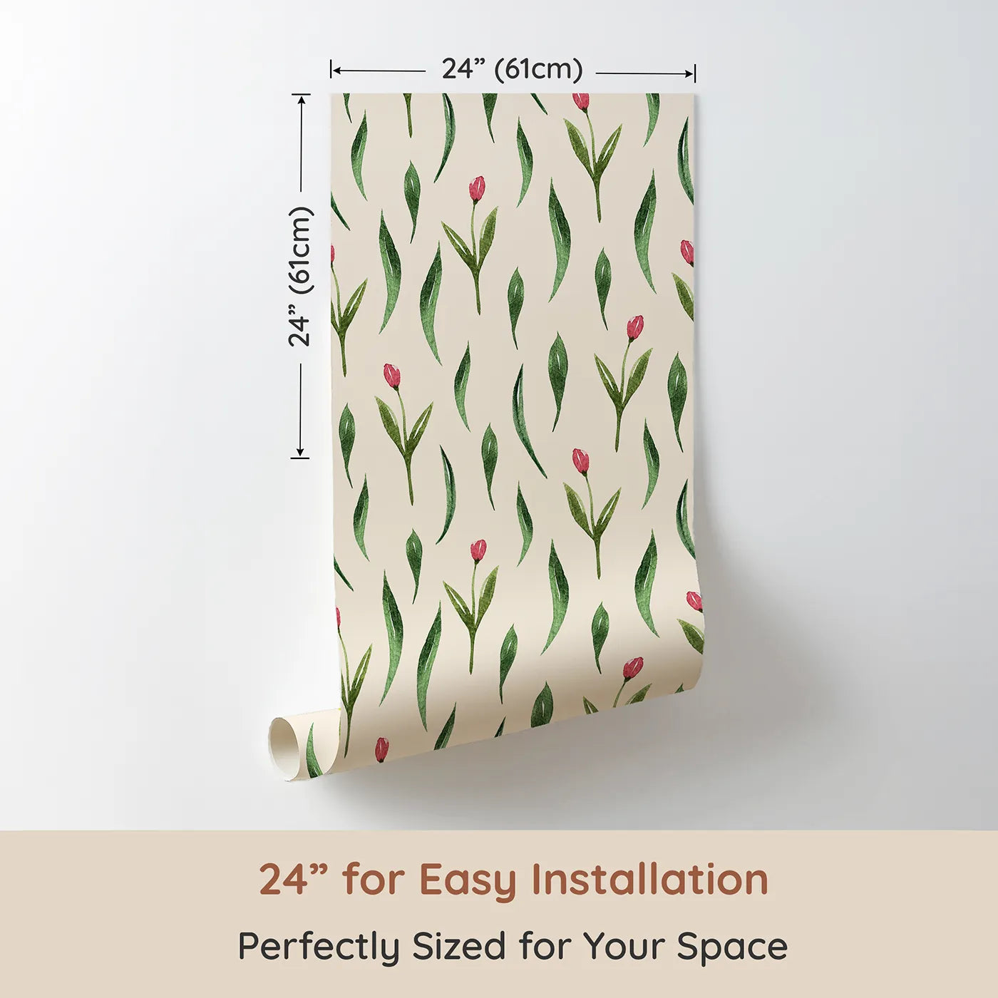 Dimension view of Whimsy Tots Tulip Meadow Dots Wallpaper in Cream (W3264C). Printed in 24-inch-wide panel for easy installation. Little tulips scatter softly across a cozy cream canvas.