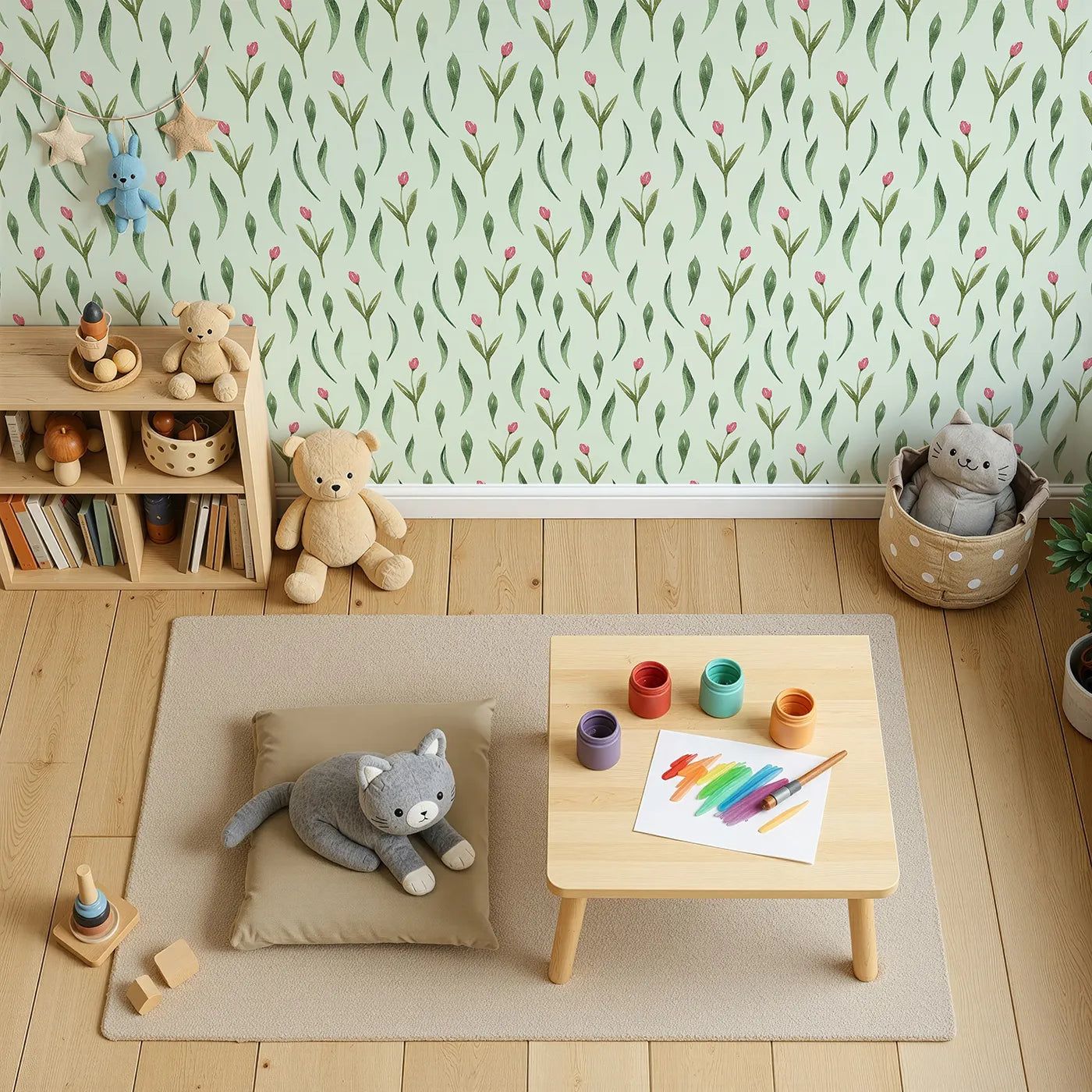 Top-Down view of Whimsy Tots' Tulip Meadow Dots Wallpaper in Mint Green (W3264D).Tulip buds and leaves sprinkle gently across a minty breeze.