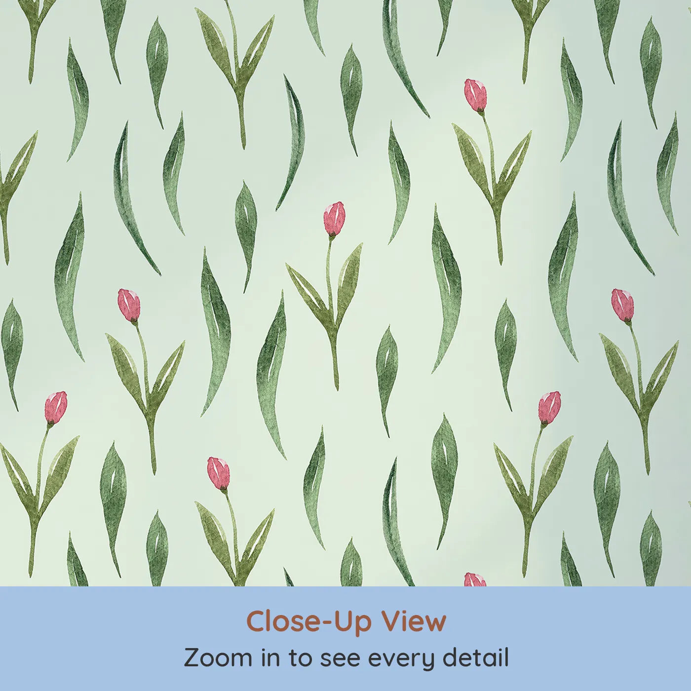 Close-up view of Whimsy Tots' Tulip Meadow Dots Wallpaper in Mint Green (W3264D).Tulip buds and leaves sprinkle gently across a minty breeze.