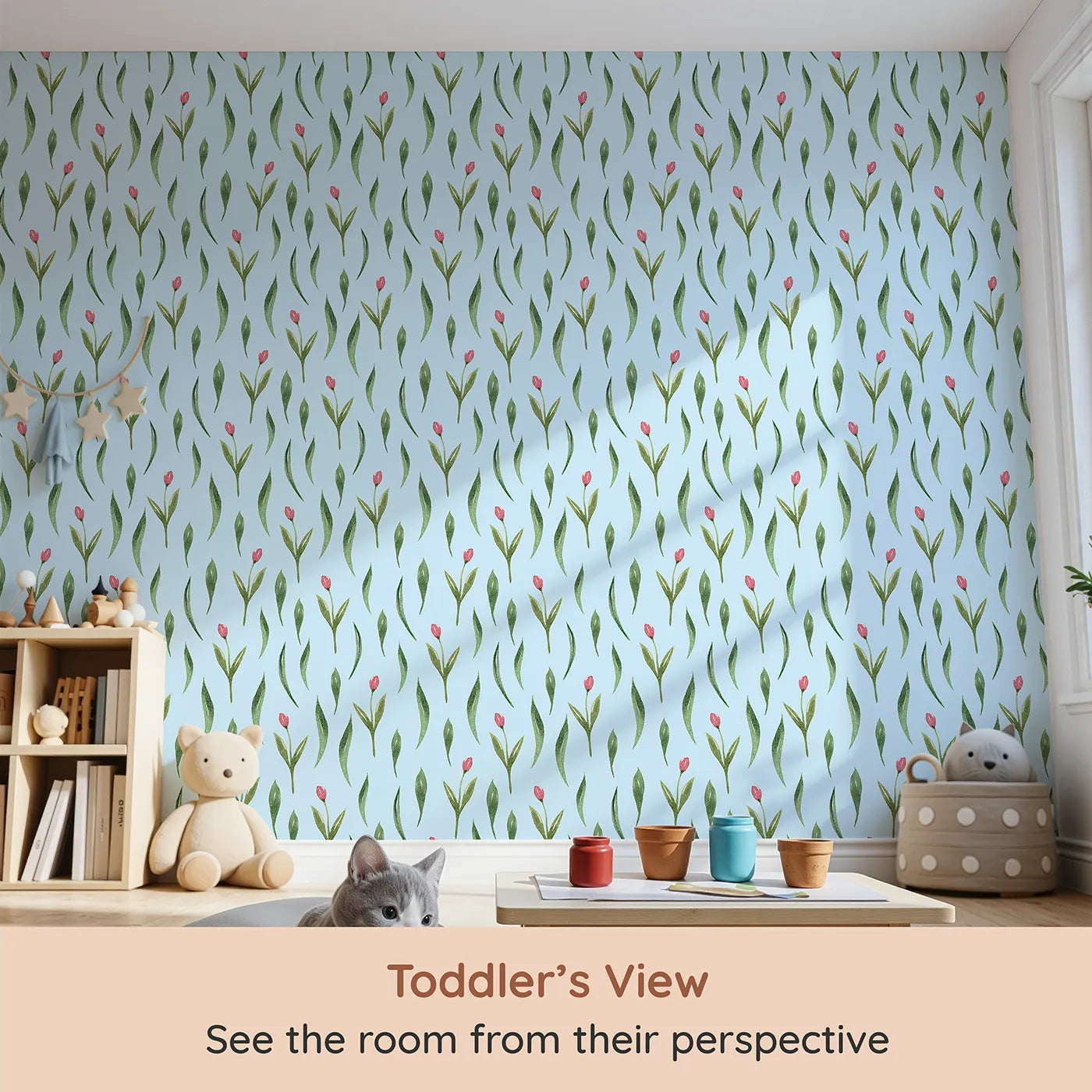 Whimsy Tots Tulip Meadow Dots Wallpaper in Sky Blue (W3264E) from your child's view.Tulip buds float gently across a cheerful sky blue backdrop.
