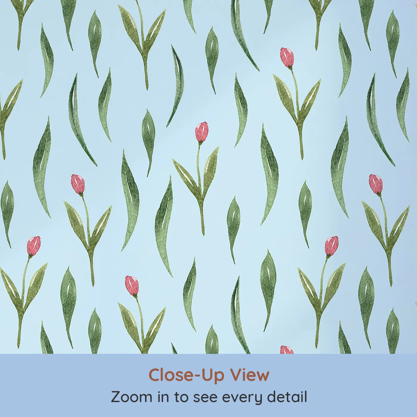 Close-up view of Whimsy Tots' Tulip Meadow Dots Wallpaper in Sky Blue (W3264E).Tulip buds float gently across a cheerful sky blue backdrop.