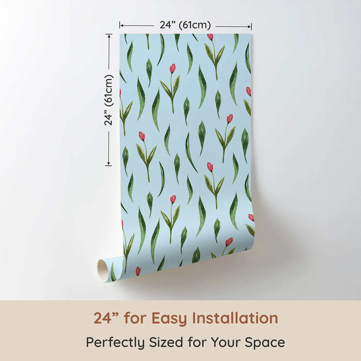 Dimension view of Whimsy Tots Tulip Meadow Dots Wallpaper in Sky Blue (W3264E). Printed in 24-inch-wide panel for easy installation. Tulip buds float gently across a cheerful sky blue backdrop.