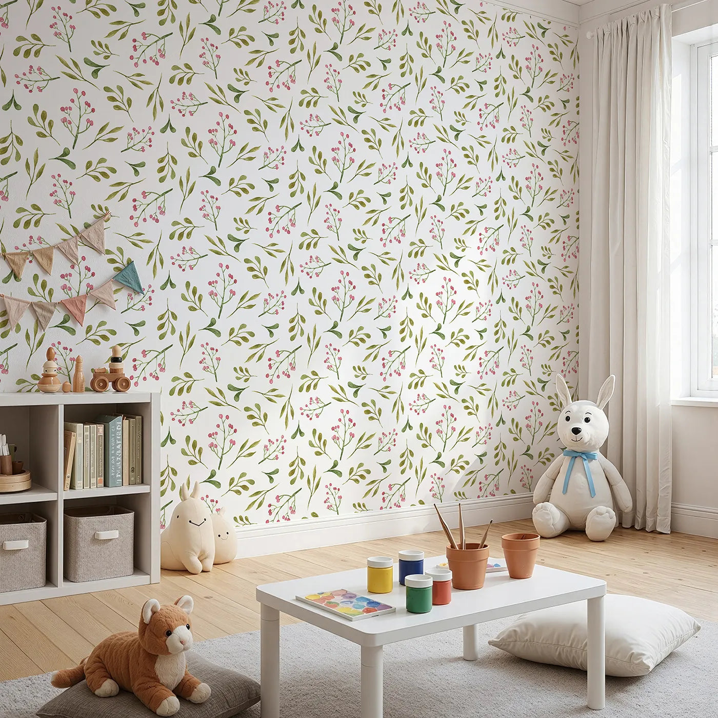 Angled view of Whimsy Tots' Botanical Berry Sprigs Wallpaper in White (W3265A).Delicate sprigs and berries flutter like garden confetti.