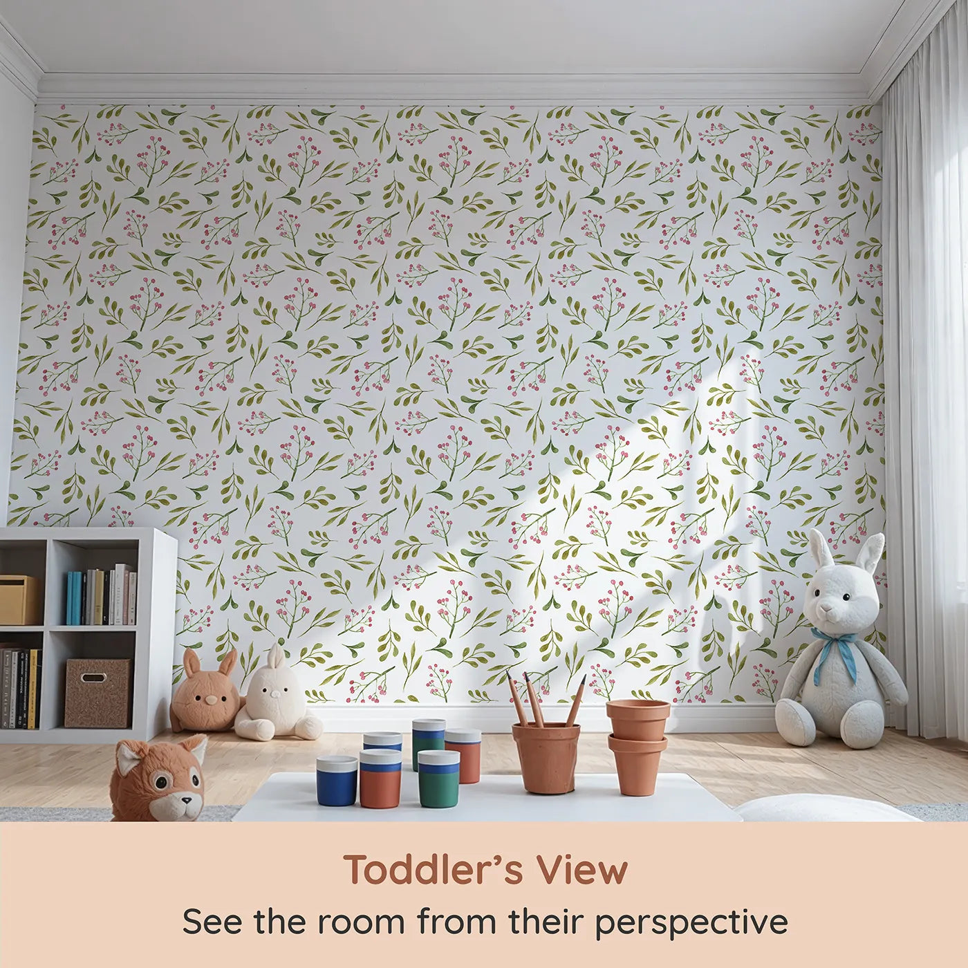 Whimsy Tots Botanical Berry Sprigs Wallpaper in White (W3265A) from your child's view.Delicate sprigs and berries flutter like garden confetti.