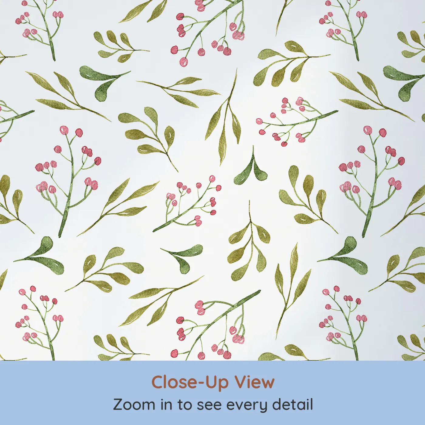 Close-up view of Whimsy Tots' Botanical Berry Sprigs Wallpaper in White (W3265A).Delicate sprigs and berries flutter like garden confetti.