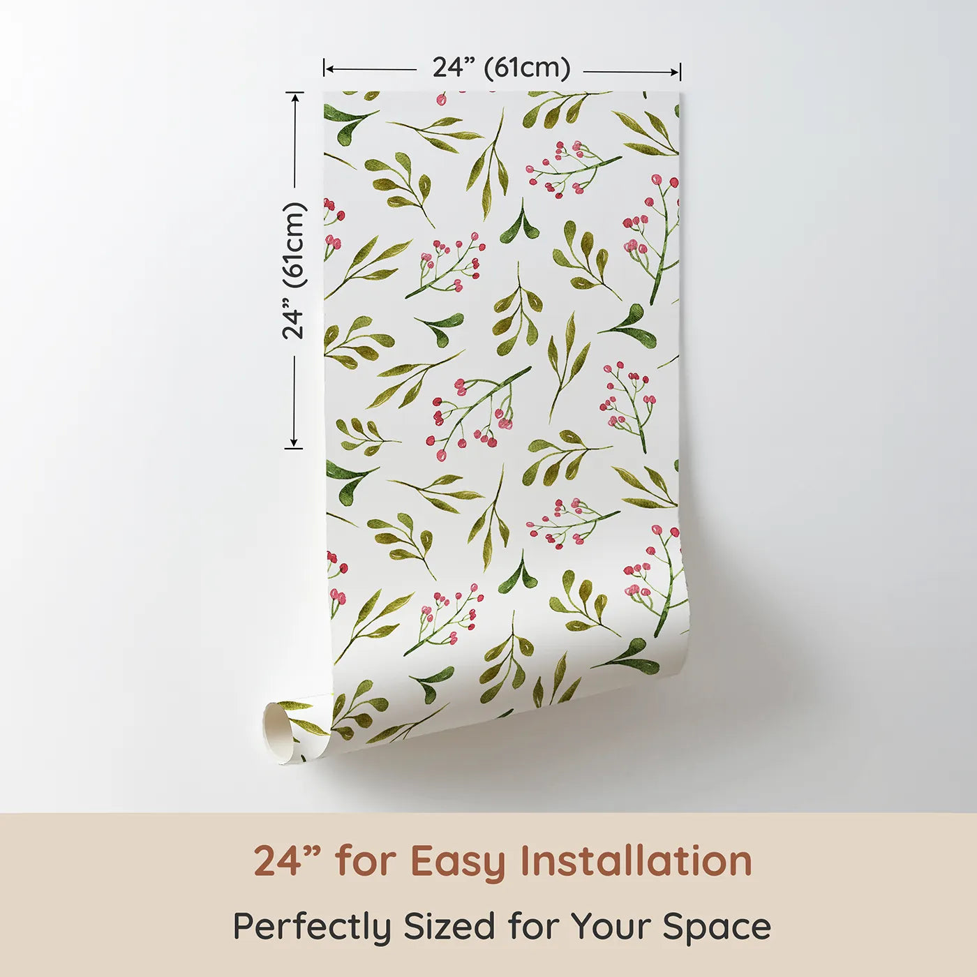 Dimension view of Whimsy Tots Botanical Berry Sprigs Wallpaper in White (W3265A). Printed in 24-inch-wide panel for easy installation. Delicate sprigs and berries flutter like garden confetti.