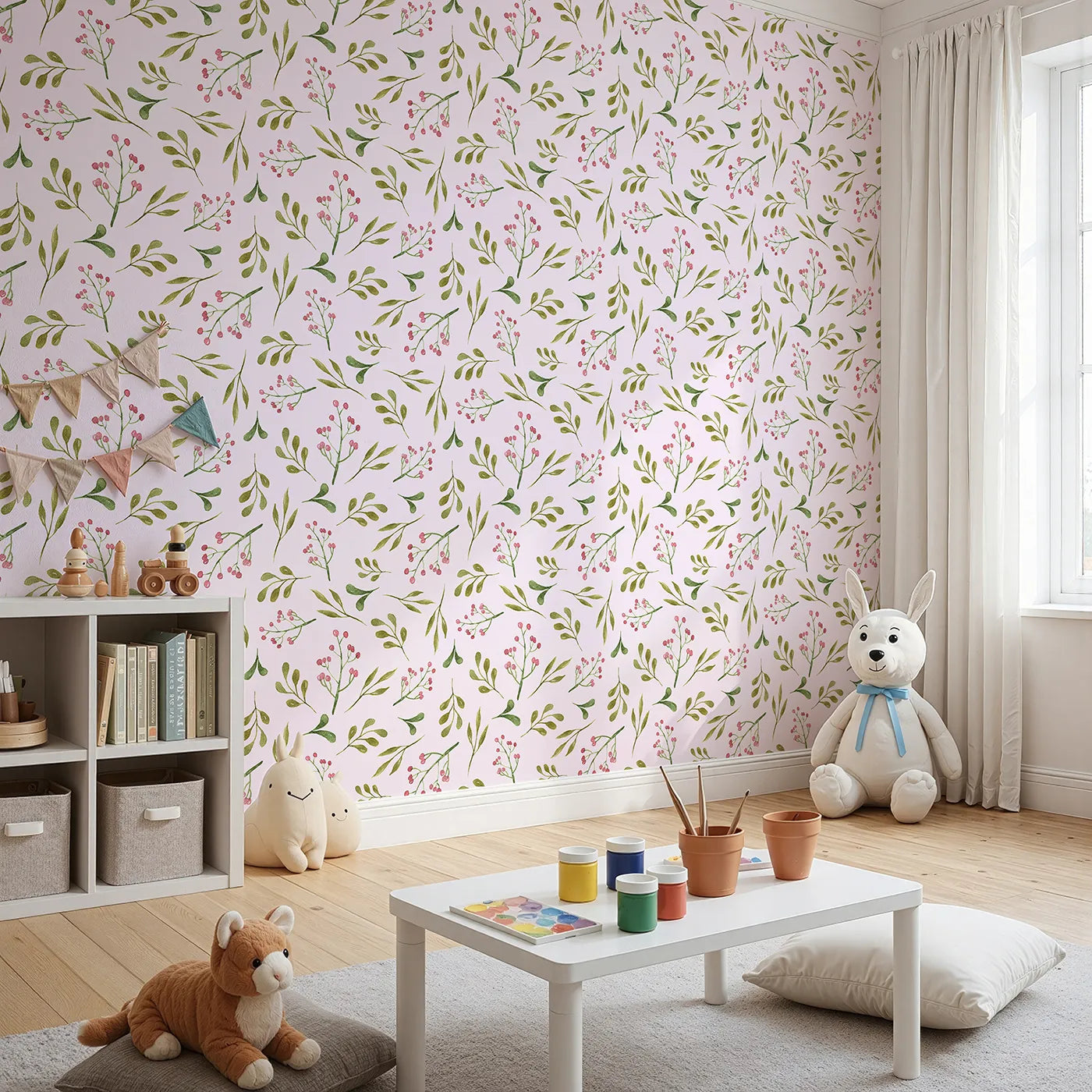 Angled view of Whimsy Tots' Botanical Berry Sprigs Wallpaper in Blush Pink (W3265B).Gentle green sprigs and pink berries bloom on a blush sky.