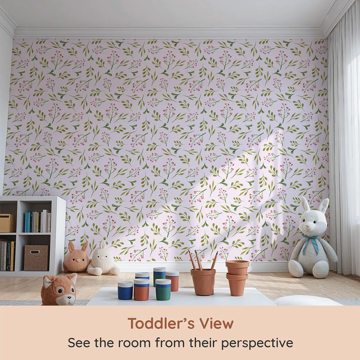 Whimsy Tots Botanical Berry Sprigs Wallpaper in Blush Pink (W3265B) from your child's view.Gentle green sprigs and pink berries bloom on a blush sky.