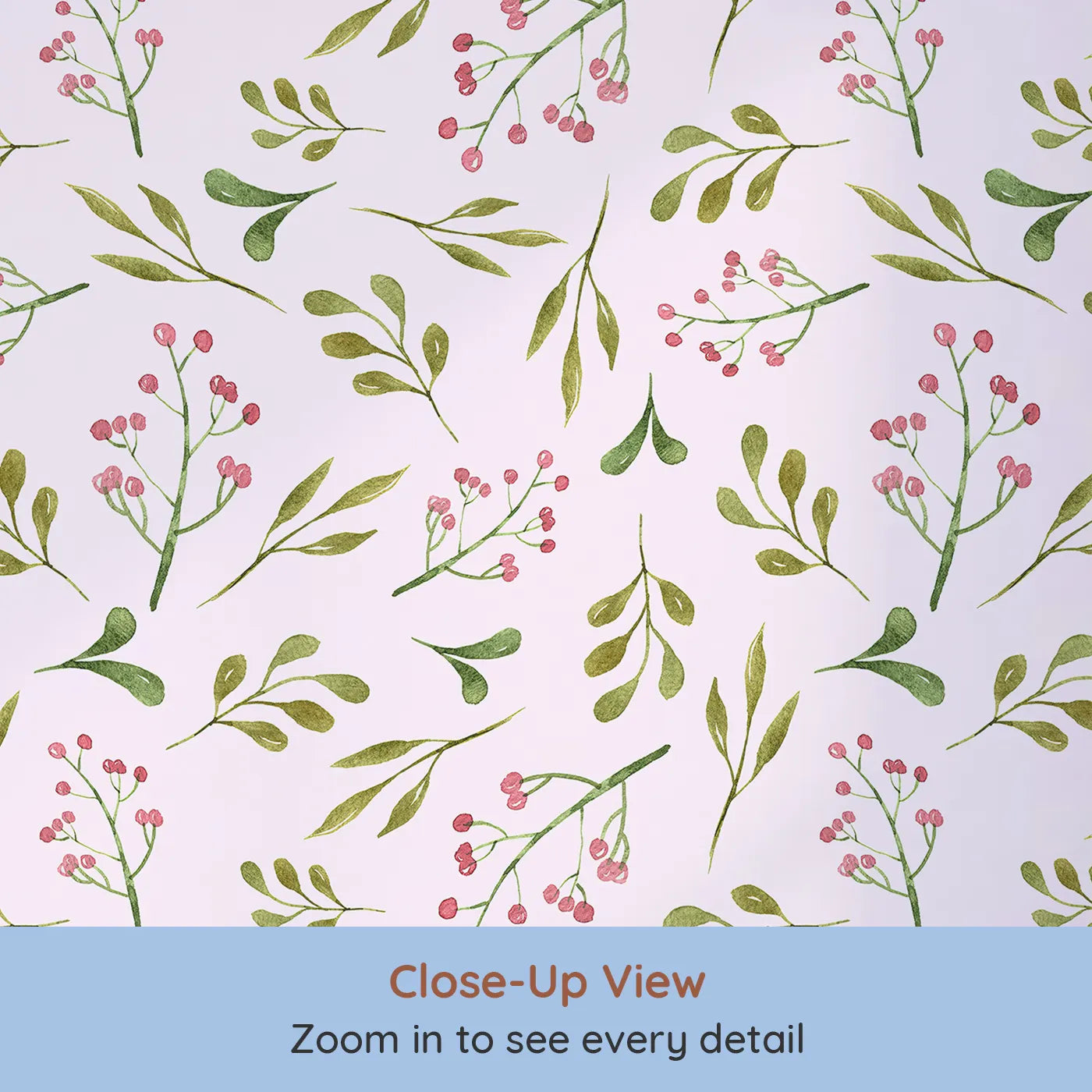 Close-up view of Whimsy Tots' Botanical Berry Sprigs Wallpaper in Blush Pink (W3265B).Gentle green sprigs and pink berries bloom on a blush sky.