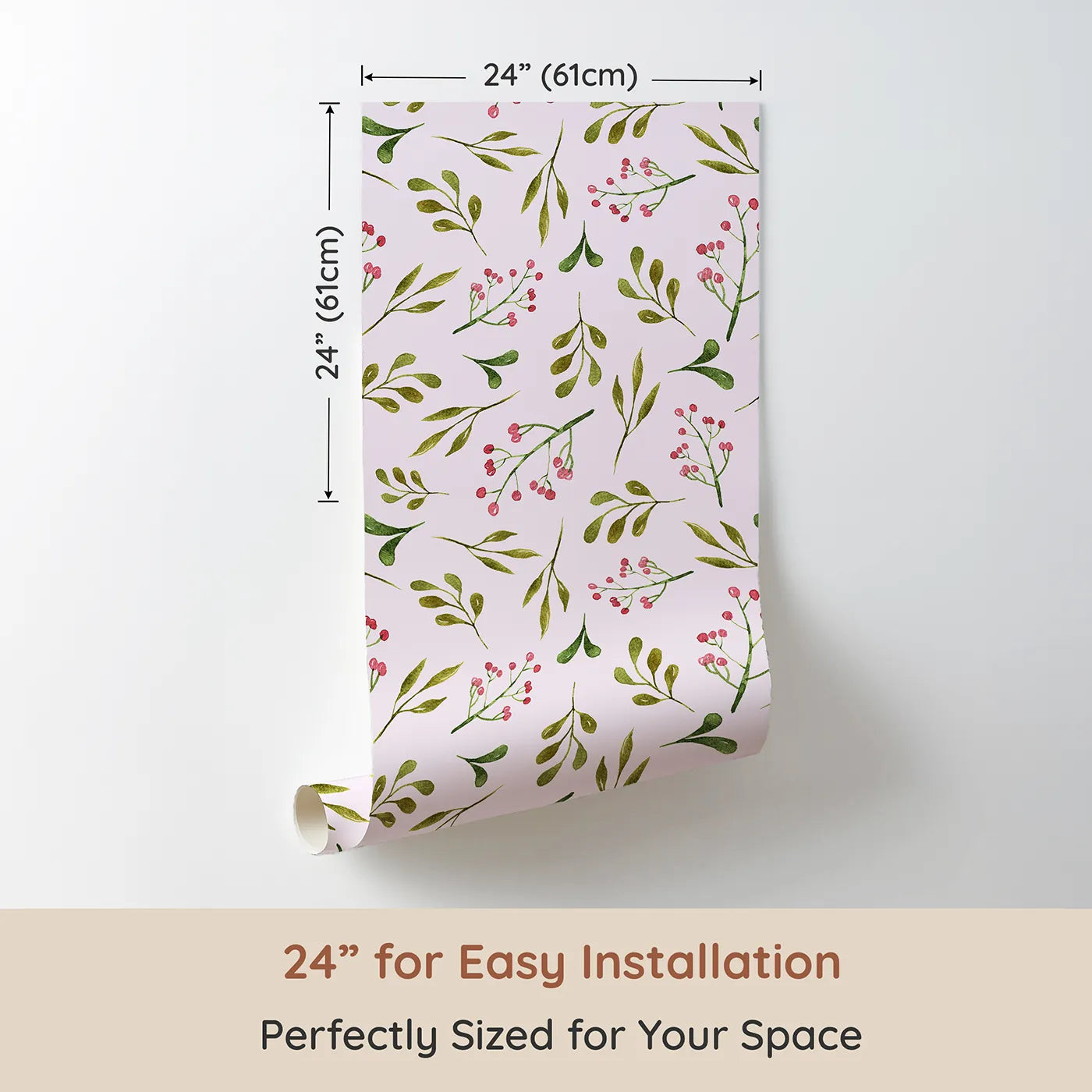 Dimension view of Whimsy Tots Botanical Berry Sprigs Wallpaper in Blush Pink (W3265B). Printed in 24-inch-wide panel for easy installation. Gentle green sprigs and pink berries bloom on a blush sky.