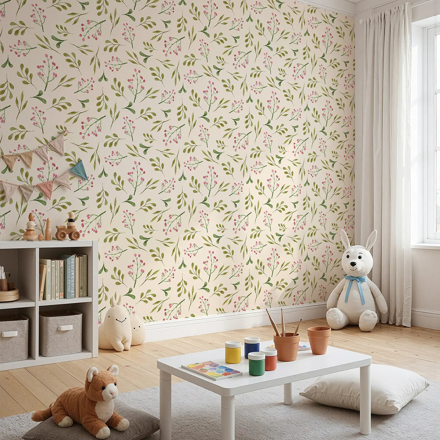 Angled view of Whimsy Tots' Botanical Berry Sprigs Wallpaper in Cream (W3265C).Soft berry sprigs and gentle leaves bloom across a cozy cream sky.