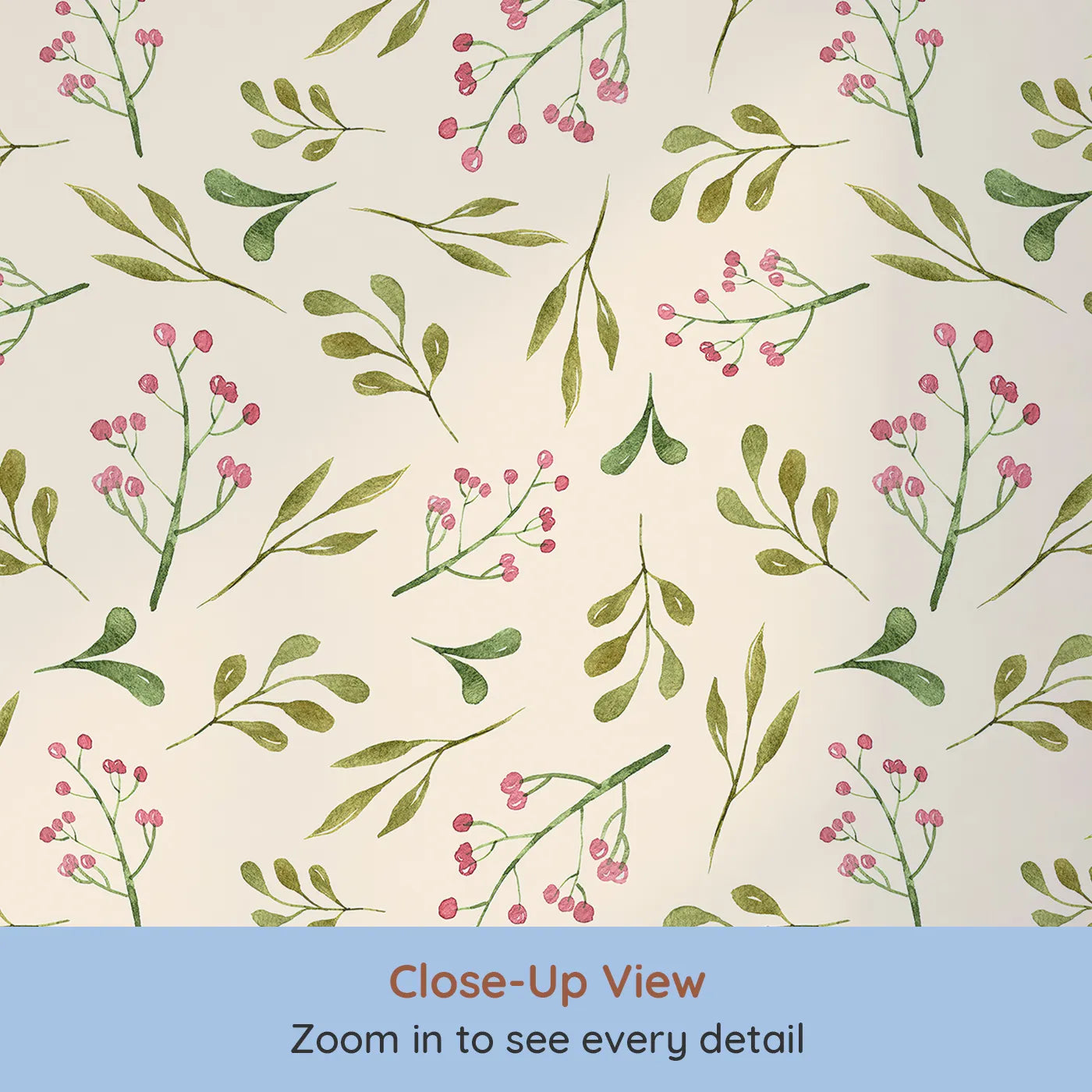 Close-up view of Whimsy Tots' Botanical Berry Sprigs Wallpaper in Cream (W3265C).Soft berry sprigs and gentle leaves bloom across a cozy cream sky.