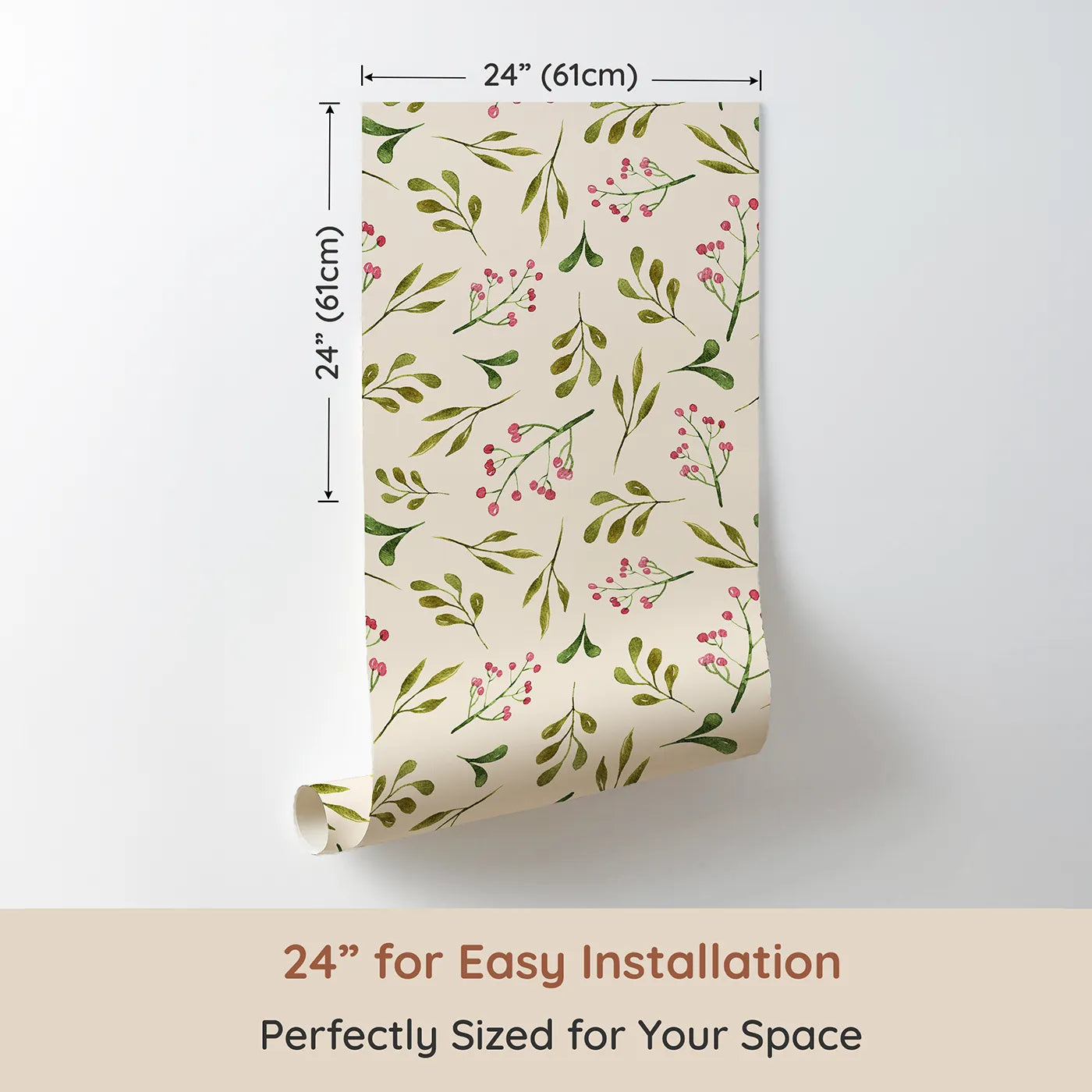 Dimension view of Whimsy Tots Botanical Berry Sprigs Wallpaper in Cream (W3265C). Printed in 24-inch-wide panel for easy installation. Soft berry sprigs and gentle leaves bloom across a cozy cream sky.