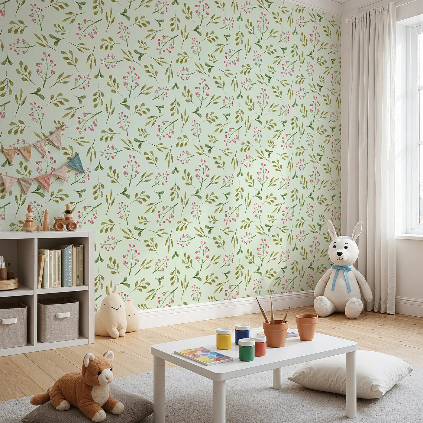Angled view of Whimsy Tots' Botanical Berry Sprigs Wallpaper in Mint Green (W3265D).Spring green leaves and tiny berries drift on a minty breeze.