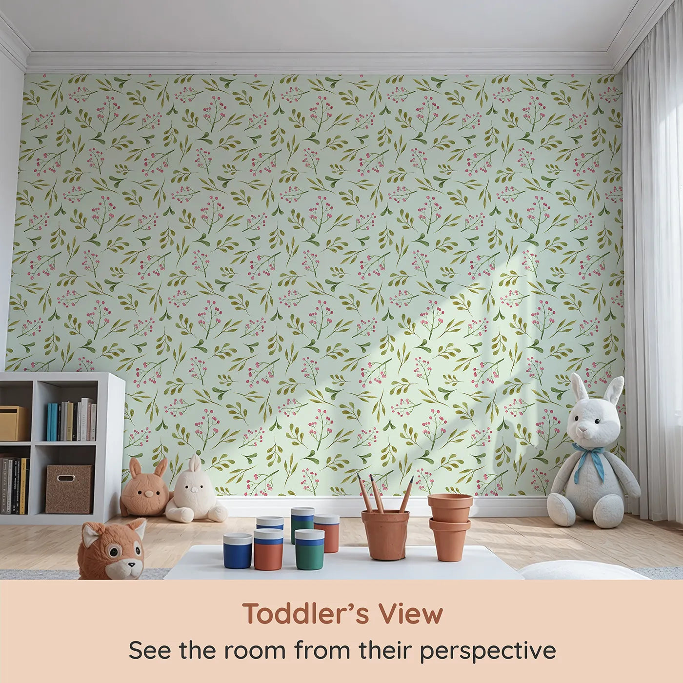 Whimsy Tots Botanical Berry Sprigs Wallpaper in Mint Green (W3265D) from your child's view.Spring green leaves and tiny berries drift on a minty breeze.