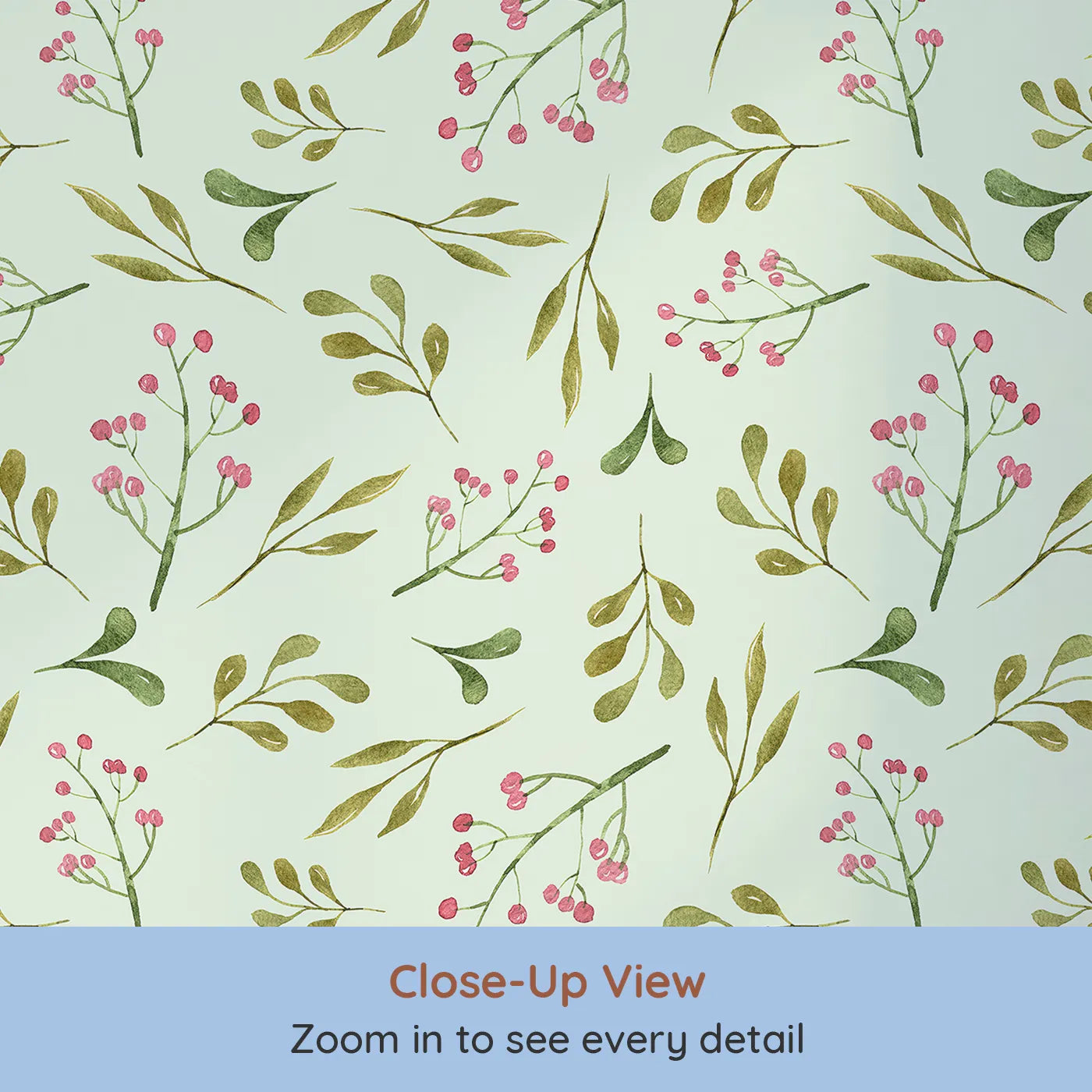 Close-up view of Whimsy Tots' Botanical Berry Sprigs Wallpaper in Mint Green (W3265D).Spring green leaves and tiny berries drift on a minty breeze.