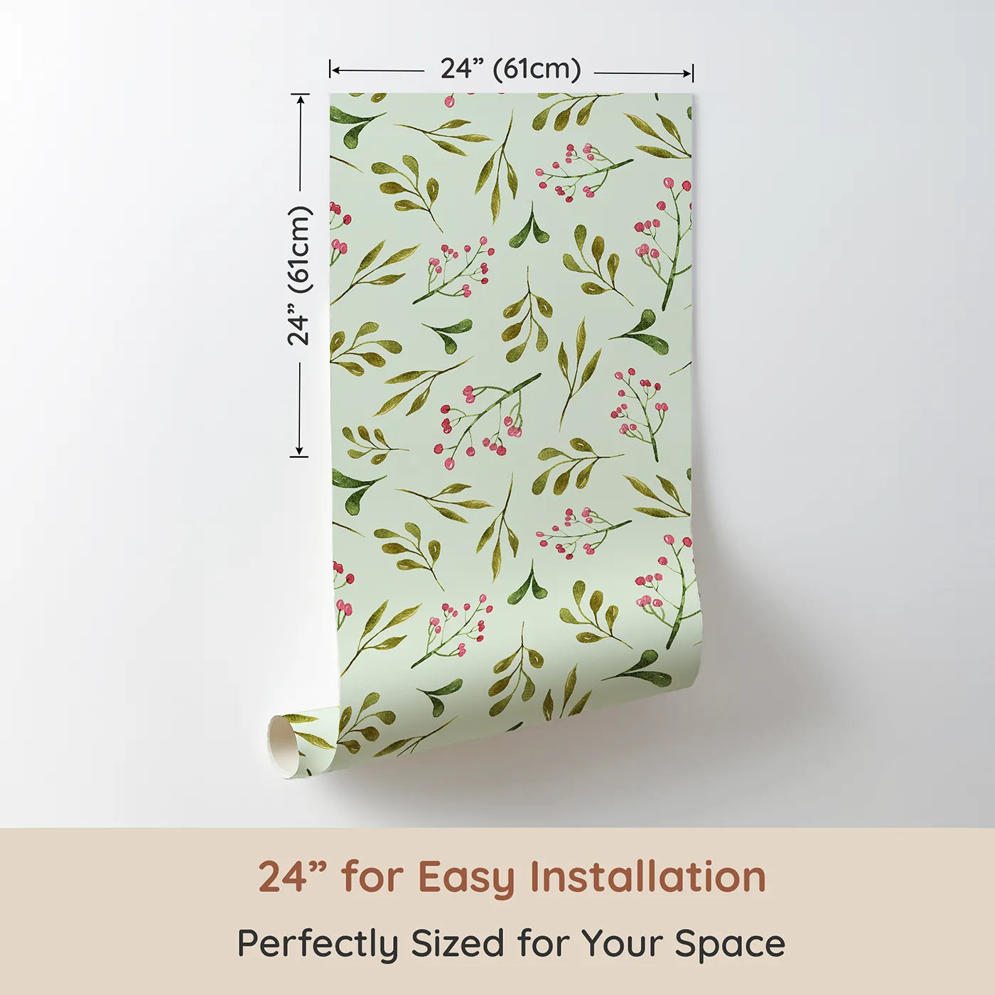 Dimension view of Whimsy Tots Botanical Berry Sprigs Wallpaper in Mint Green (W3265D). Printed in 24-inch-wide panel for easy installation. Spring green leaves and tiny berries drift on a minty breeze.