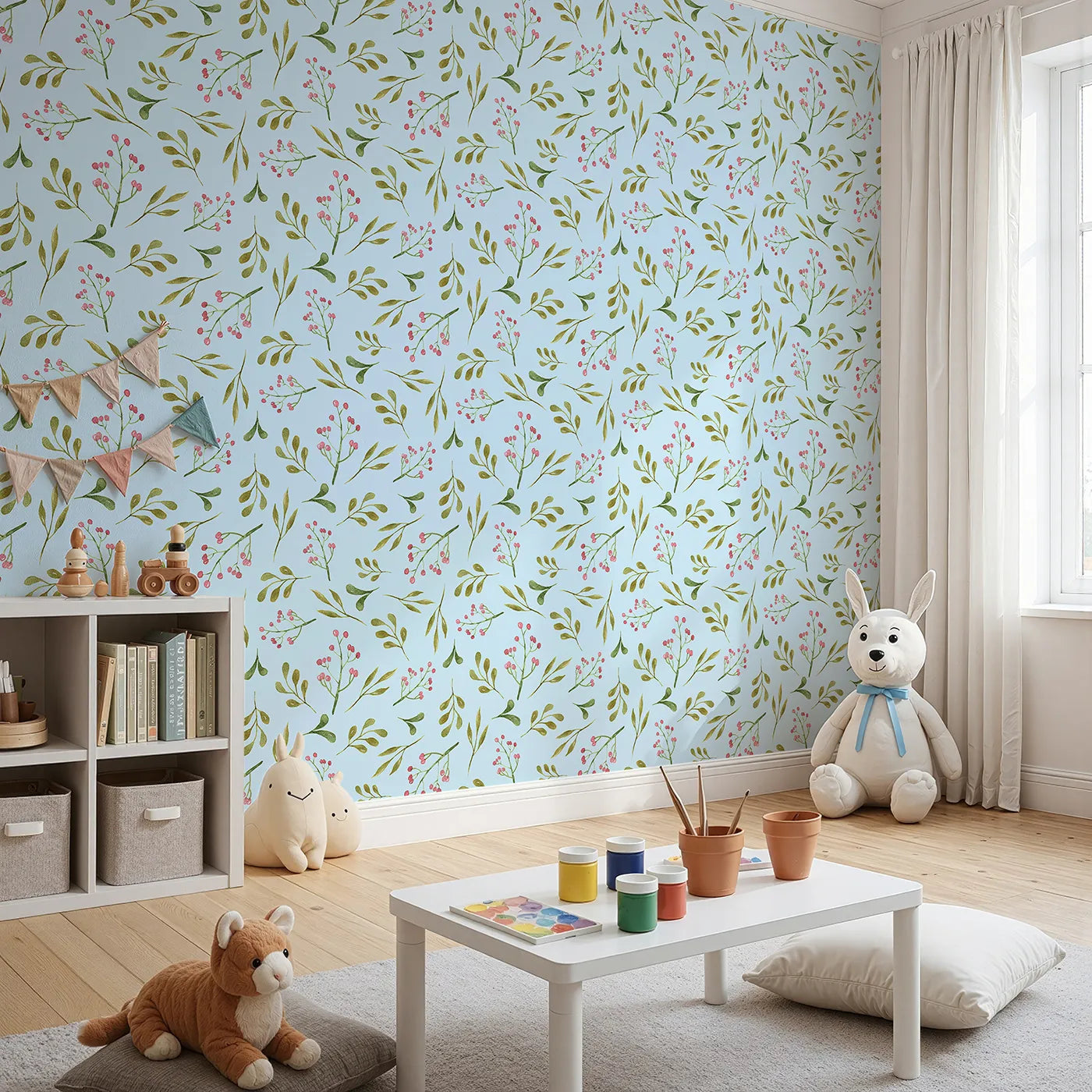 Angled view of Whimsy Tots' Botanical Berry Sprigs Wallpaper in Sky Blue (W3265E).Soft watercolor sprigs and berries flutter on a breezy blue sky.