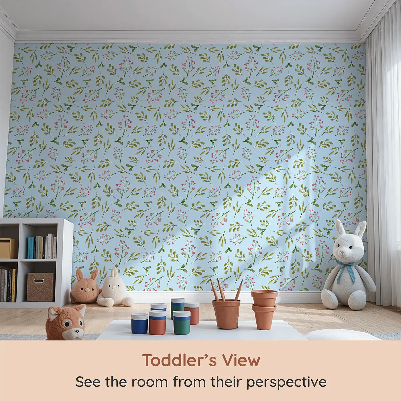 Whimsy Tots Botanical Berry Sprigs Wallpaper in Sky Blue (W3265E) from your child's view.Soft watercolor sprigs and berries flutter on a breezy blue sky.