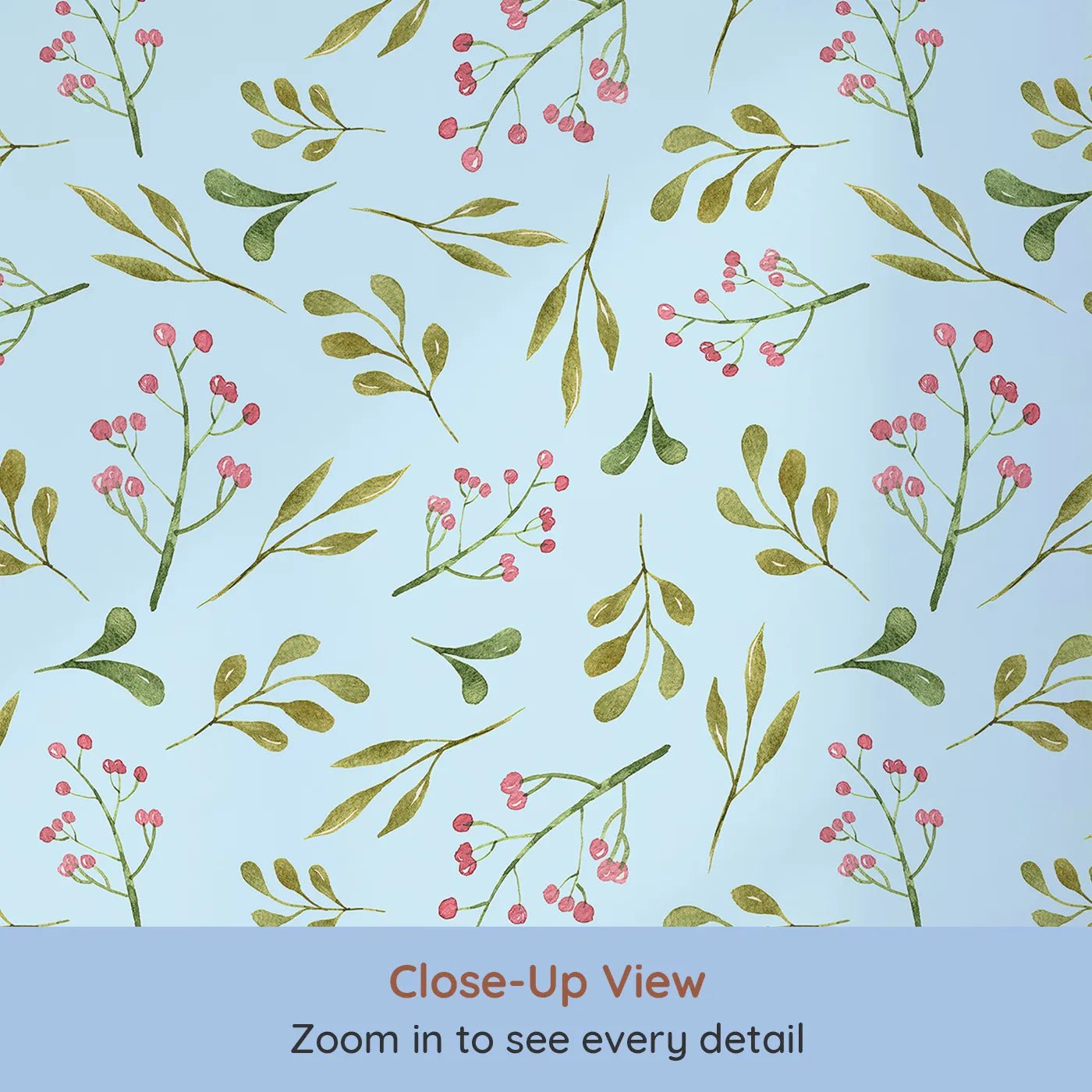 Close-up view of Whimsy Tots' Botanical Berry Sprigs Wallpaper in Sky Blue (W3265E).Soft watercolor sprigs and berries flutter on a breezy blue sky.
