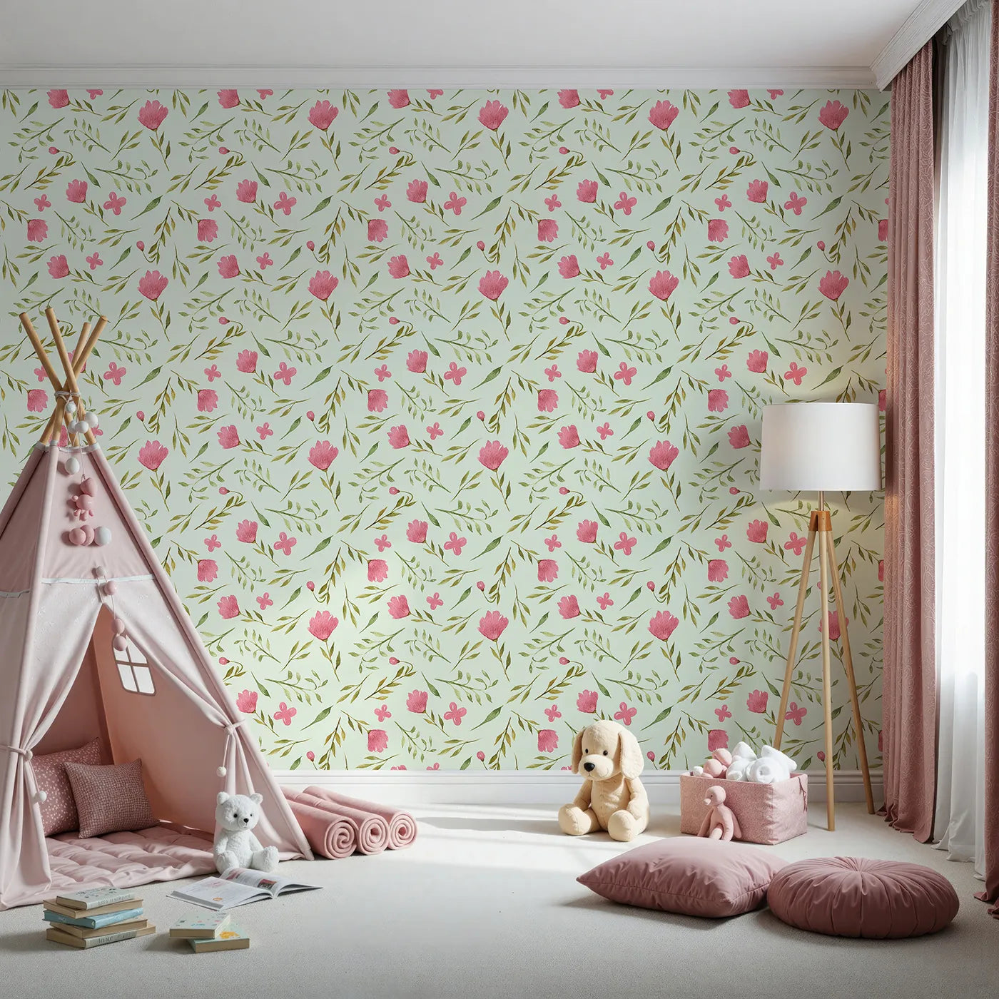 Front view of Whimsy Tots' Blushing Petal Tangle Wallpaper in Mint Green
