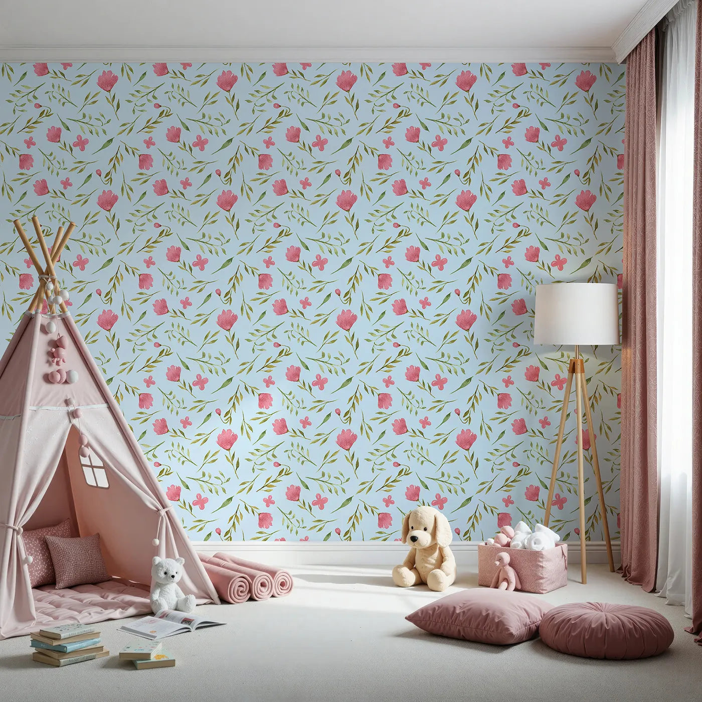 Front view of Whimsy Tots' Blushing Petal Tangle Wallpaper in Sky