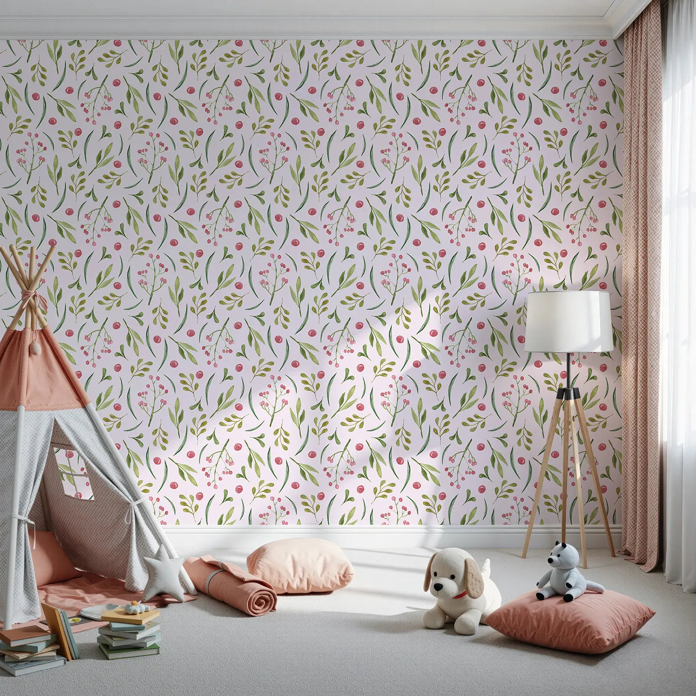 Front view of Whimsy Tots' Berry Leaf Doodle Wallpaper in Blush Pink