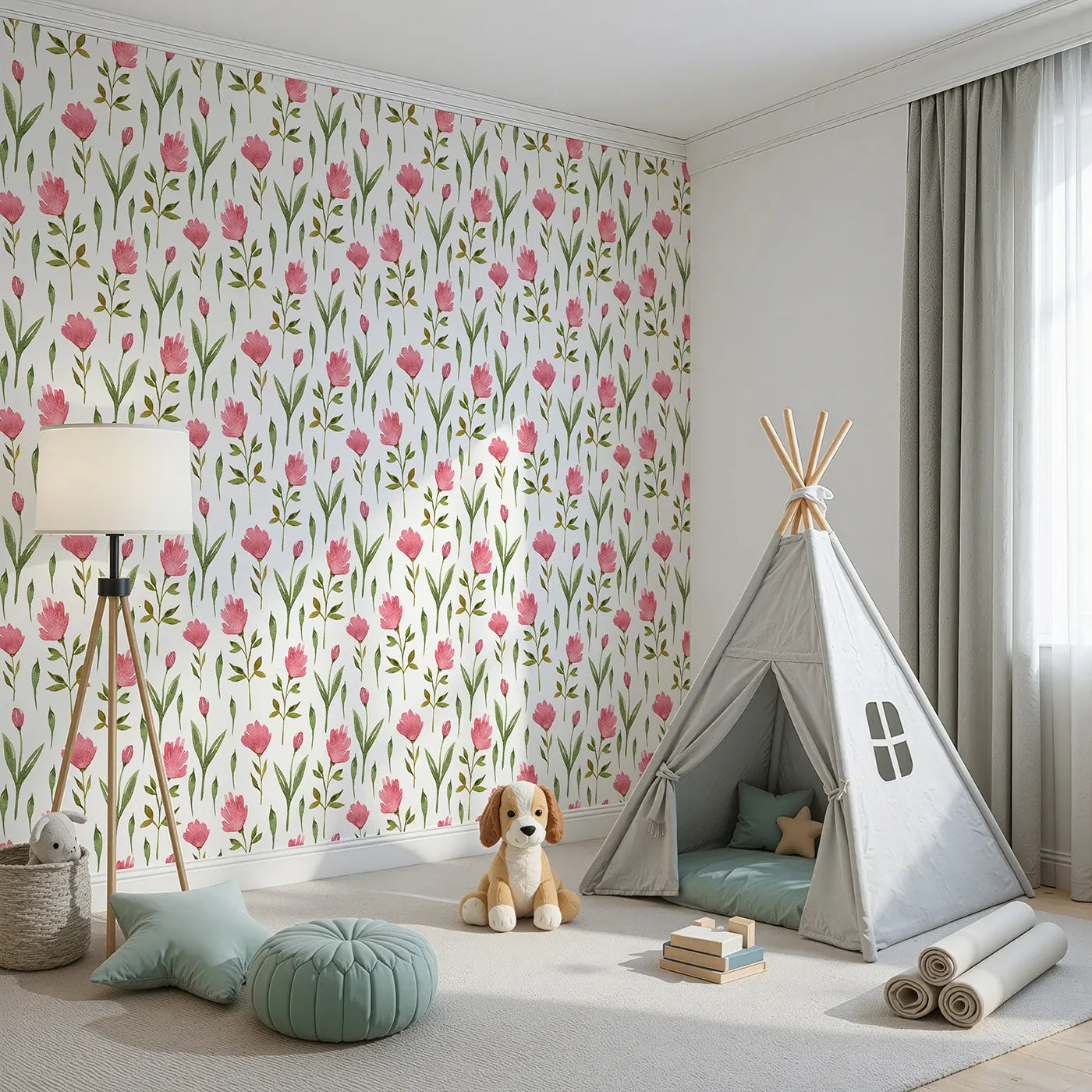 Angled view of Whimsy Tots' Tulip Meadow Blooms Wallpaper in White (W3268A).Pink tulips and leafy stems bloom like a gentle spring day.