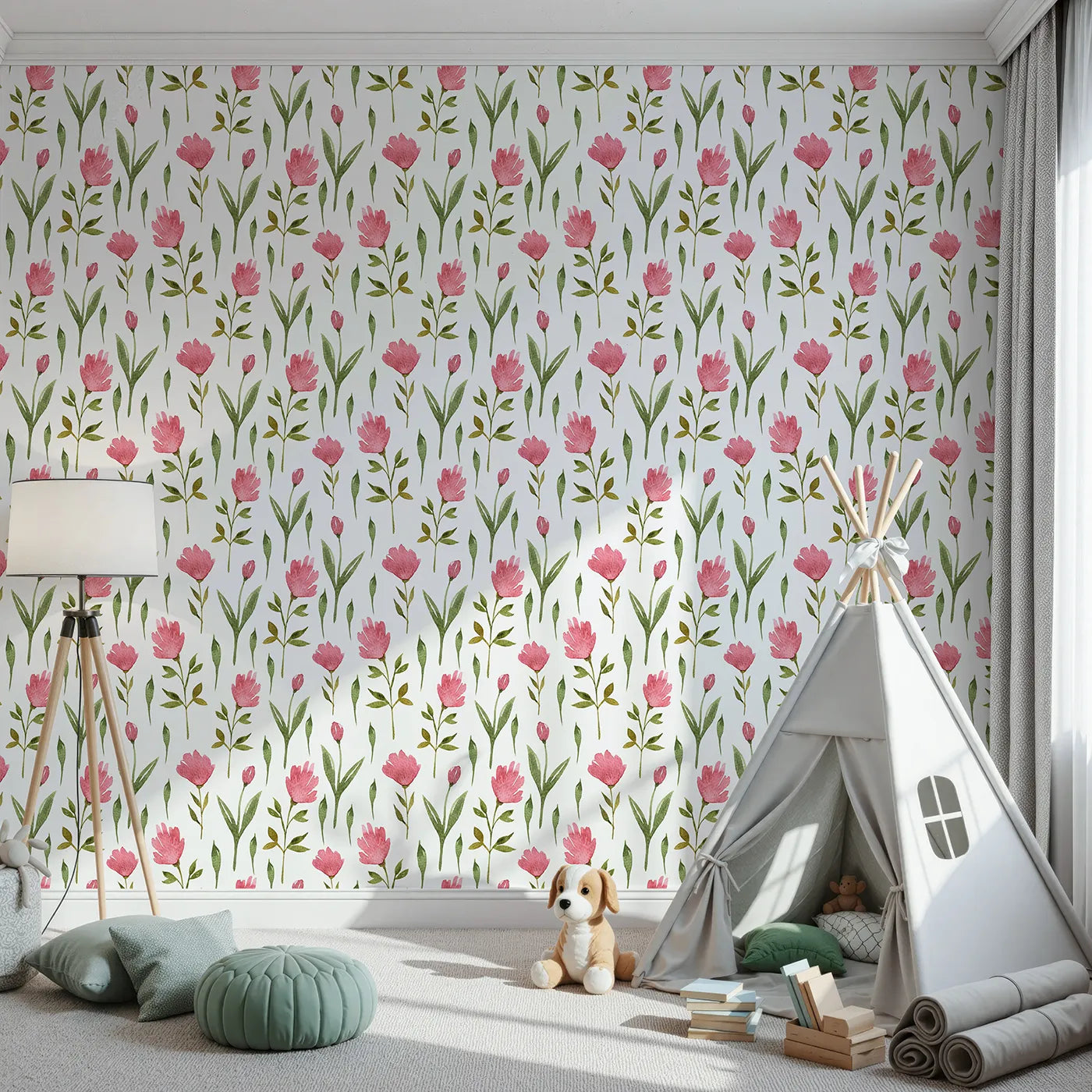 Front view of Whimsy Tots' Tulip Meadow Blooms Wallpaper in White